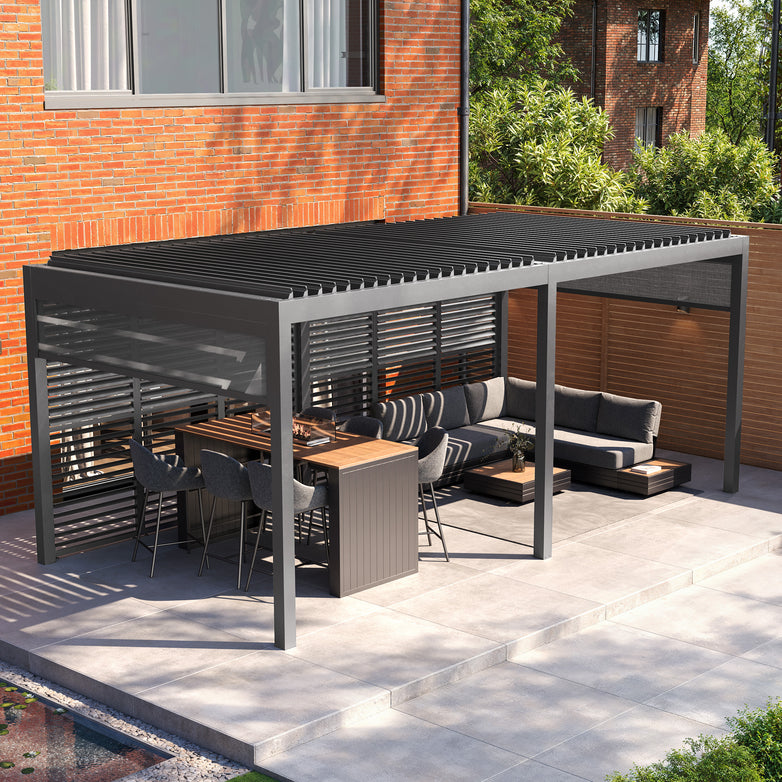 PergoSTET Deluxe 3m x 6m Rectangular Pergola with Motorised LED Louvres, Louvred Side Panels and Manual Drop Side Blinds in Grey