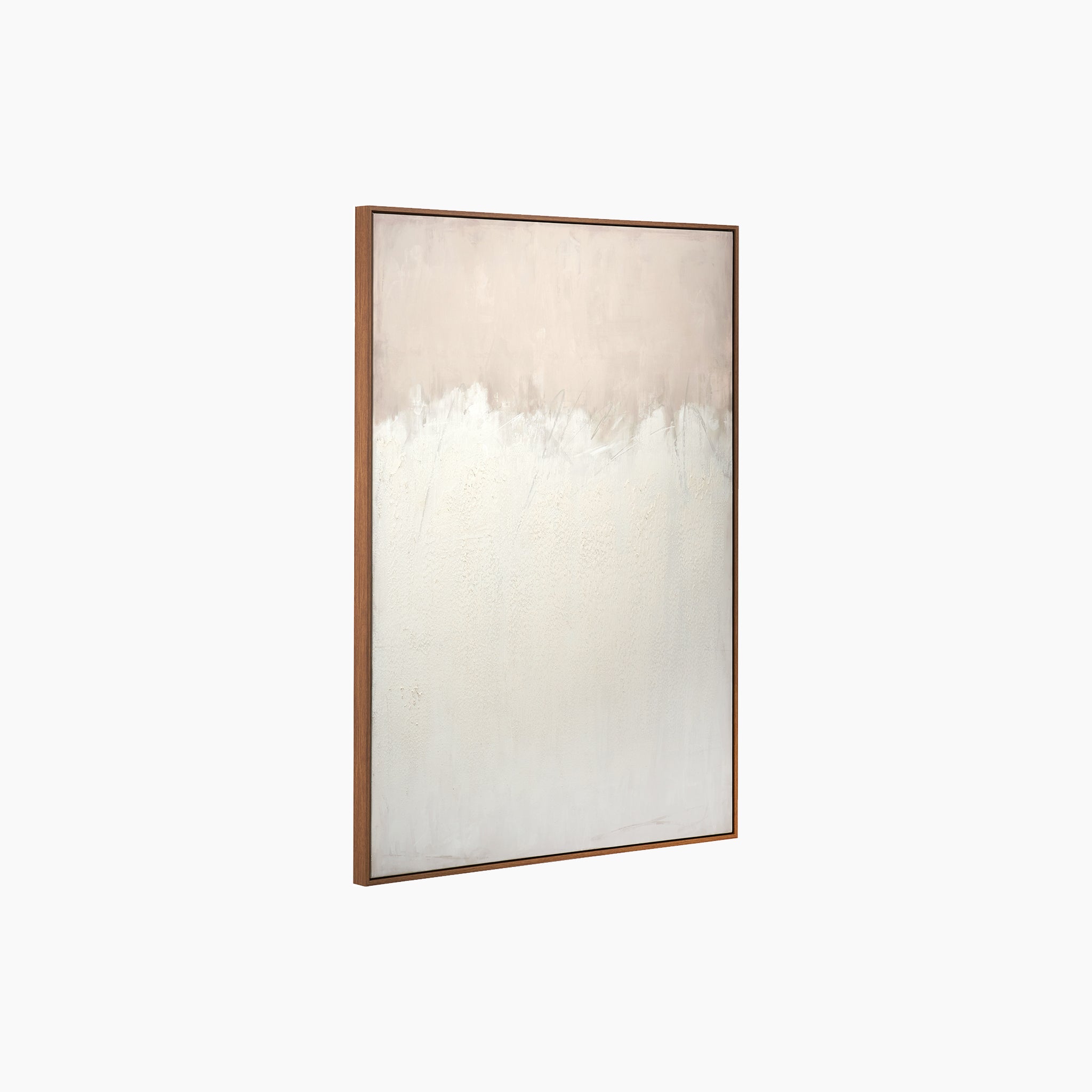 The Natural and White Abstract Canvas with Natural Frame Large is a minimalist piece featuring a soft beige and white gradient elegantly set in a natural wood frame. Perfect for various interior styles, this large abstract canvas makes a subtle yet impactful statement.