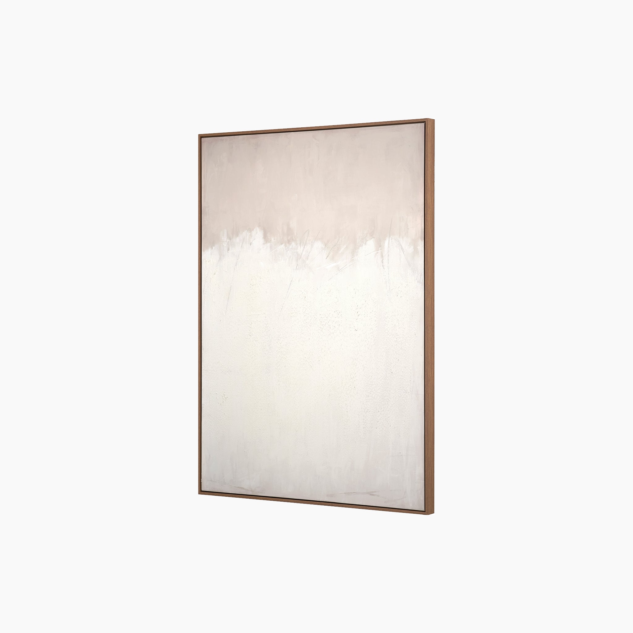 The Natural and White Abstract Canvas with a natural frame stands gracefully against a simple backdrop, showcasing its minimalist design in soft beige and white hues. This large piece effortlessly enhances a variety of interior styles.