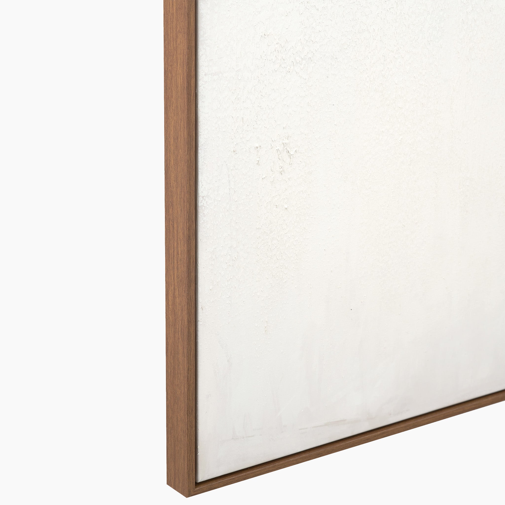 Close-up of a Natural and White Abstract Canvas with a natural wood frame, set against a plain background.