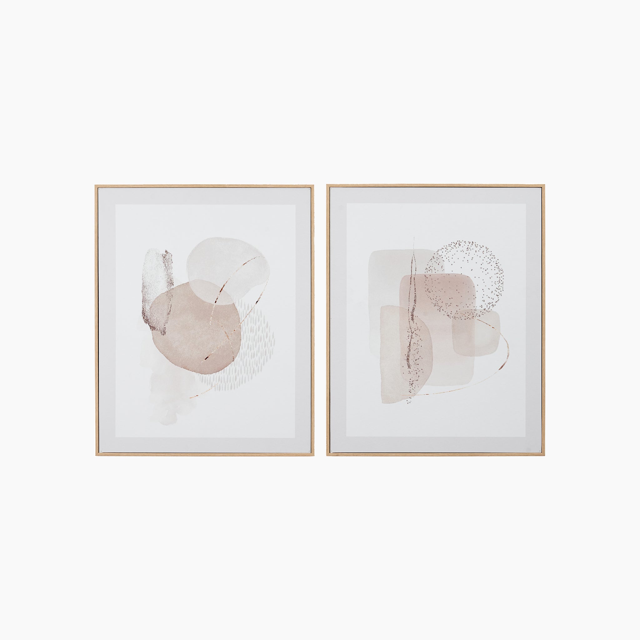 The Natural Abstract Canvases with Natural Frame feature two elegantly displayed prints on a white background, showcasing soft beige and pink shapes in minimalist frames crafted from natural wood veneer.