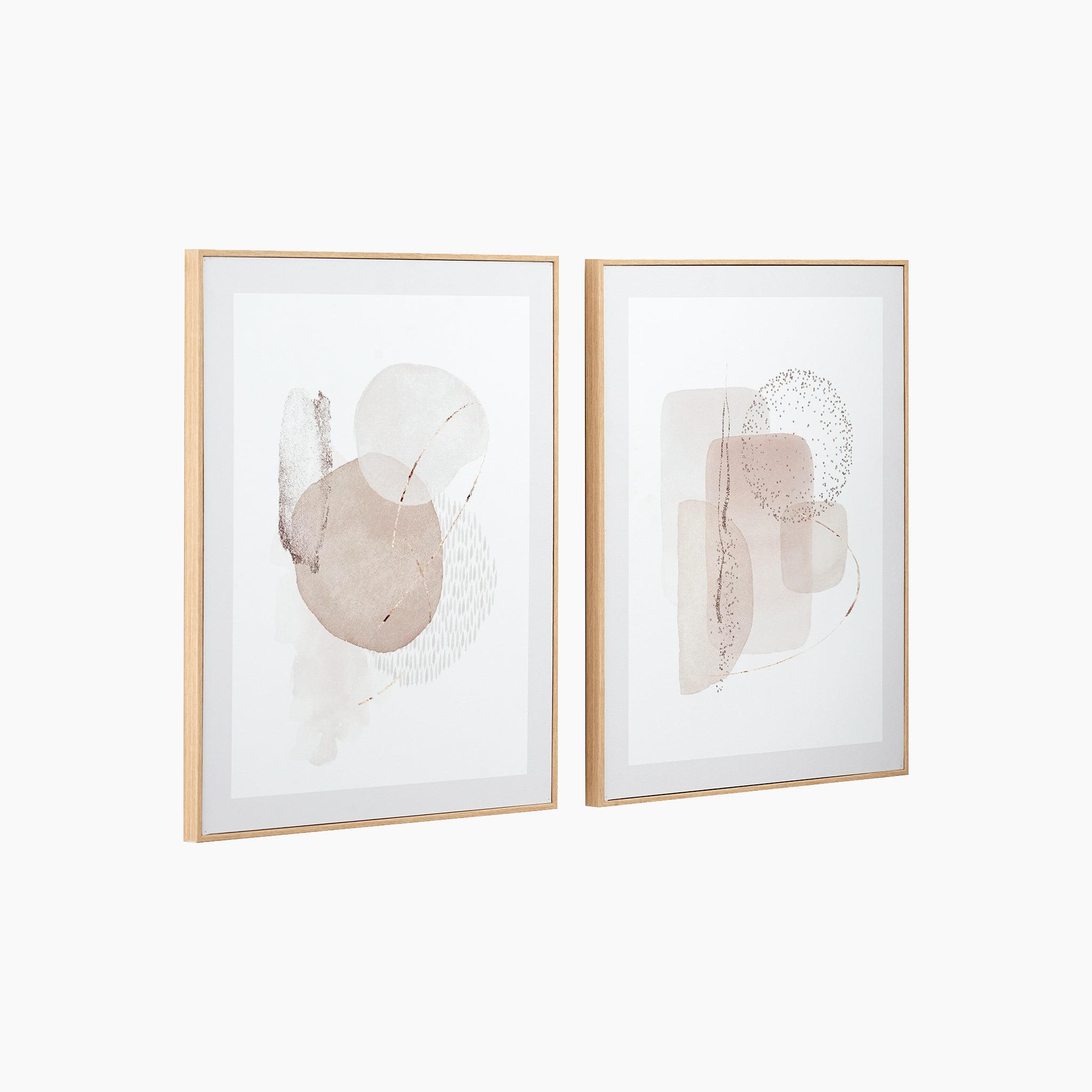 Two pieces from the Natural Abstract Canvases with Natural Frame collection feature minimalist abstract designs in muted beige and brown tones with geometric shapes, complemented by natural wood veneer frames.