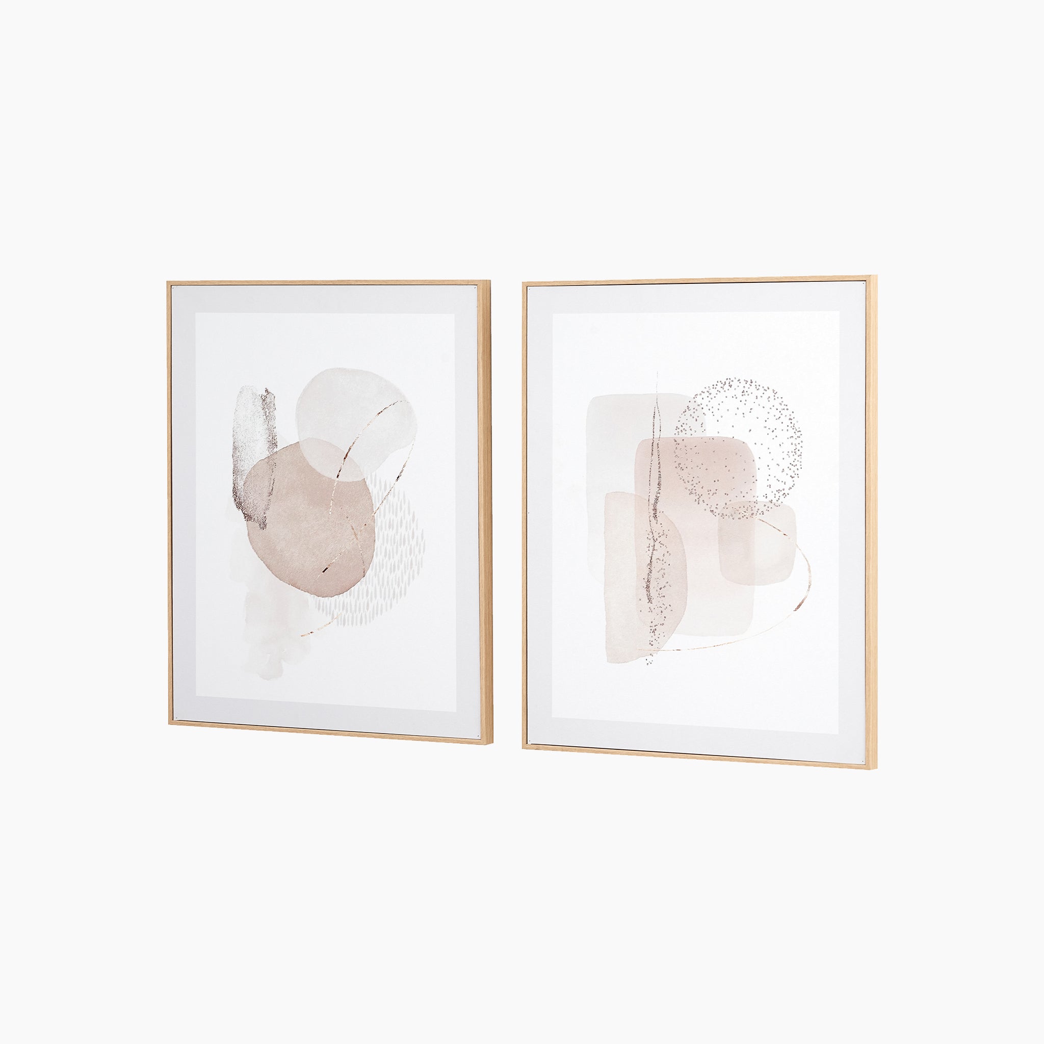 The Natural Abstract Canvases with Natural Frame feature two art pieces showcasing soft beige, brown, and white shapes.