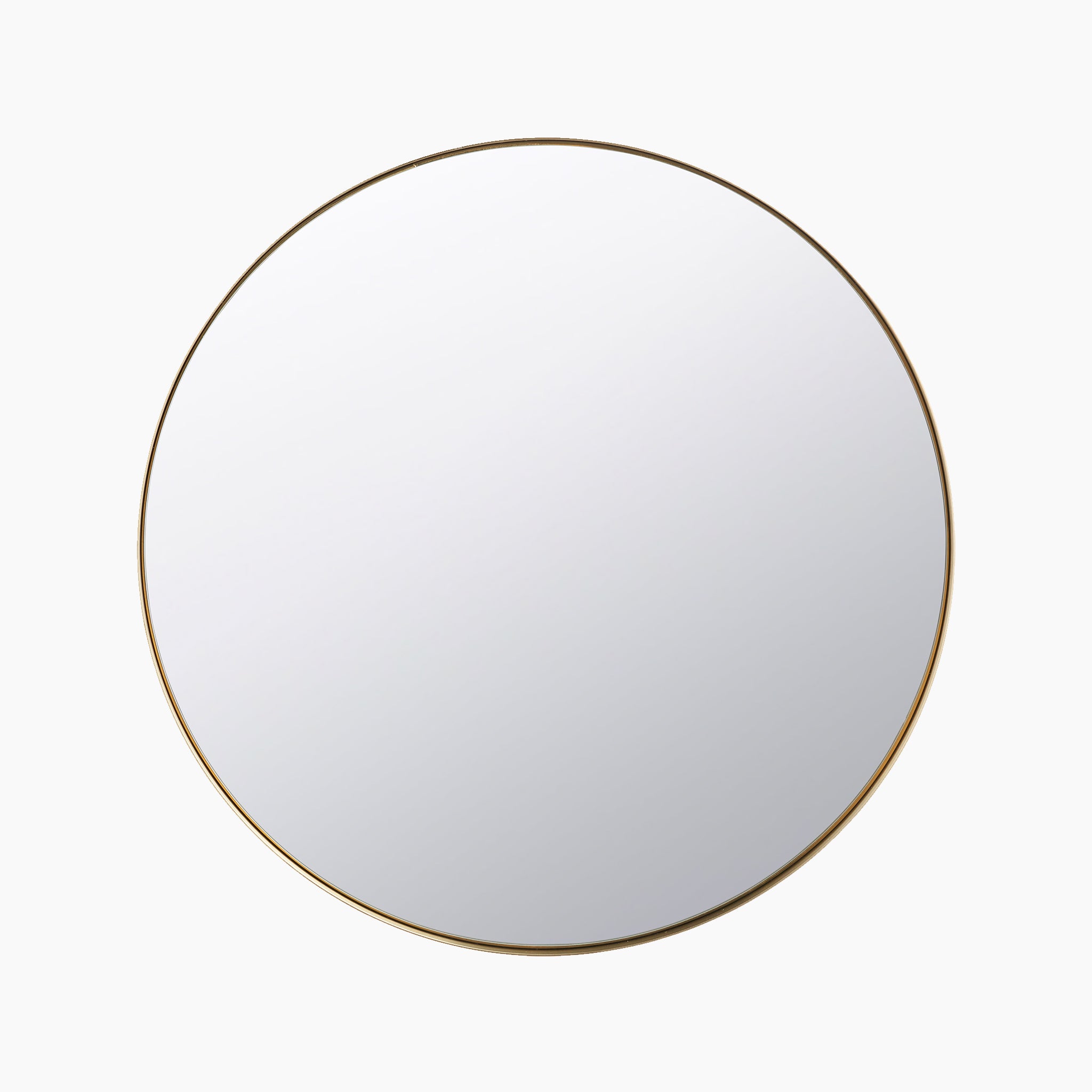 The Brushed Gold Metal Slim Frame Round Wall Mirror Large offers a contemporary look with its minimalist design, showcasing a brushed gold finish that adds subtle elegance to its frameless structure and white background.