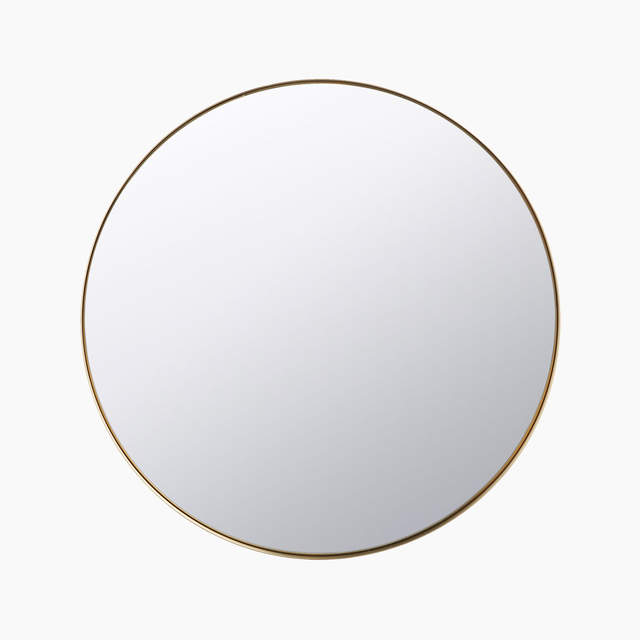 The medium round wall mirror, known as the Brushed Gold Metal Slim Frame, features a sleek metal frame with a brushed gold finish and is set against a simple white background.