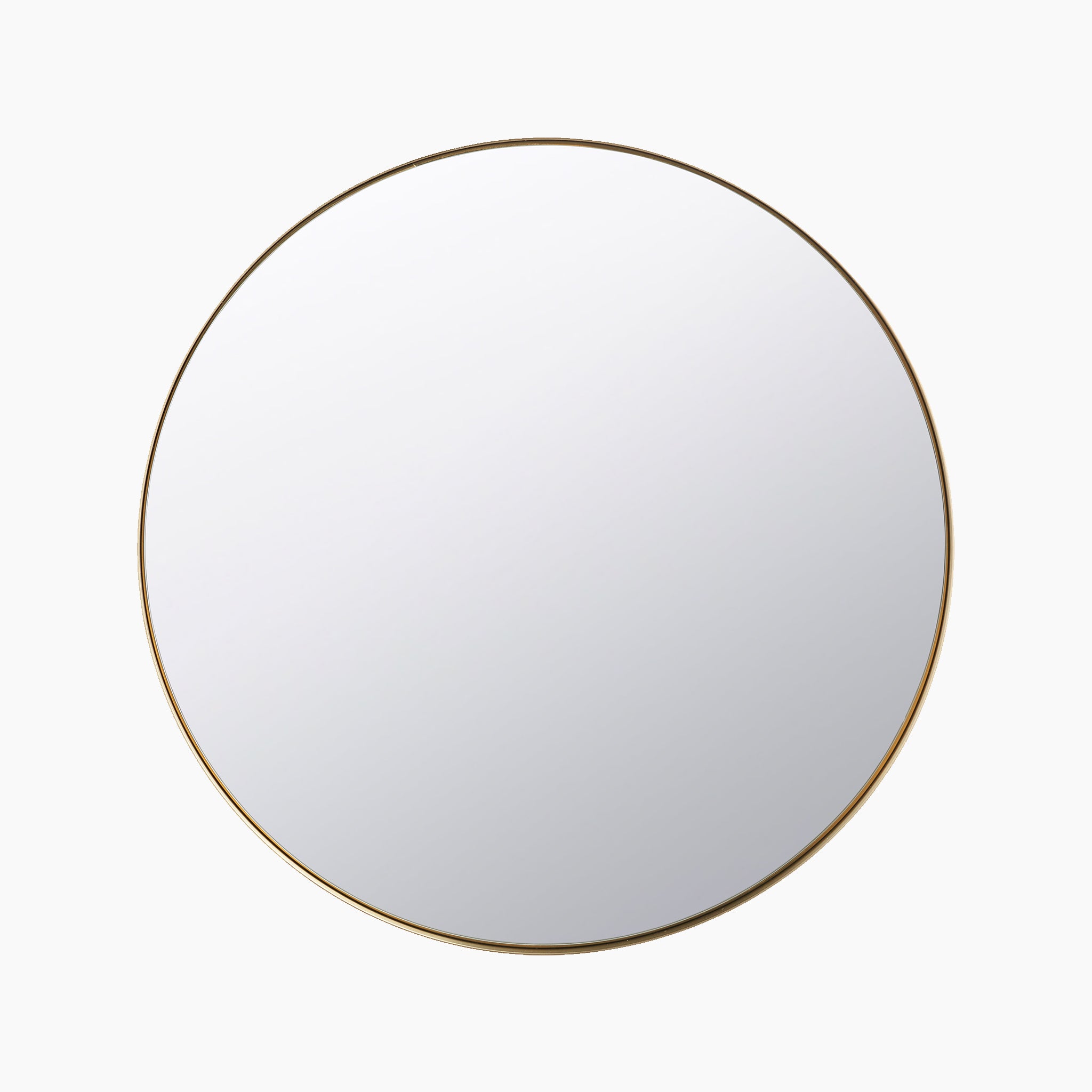 The Brushed Gold Metal Slim Frame Round Wall Mirror Small showcases a sleek metal frame in brushed gold set against a white backdrop.