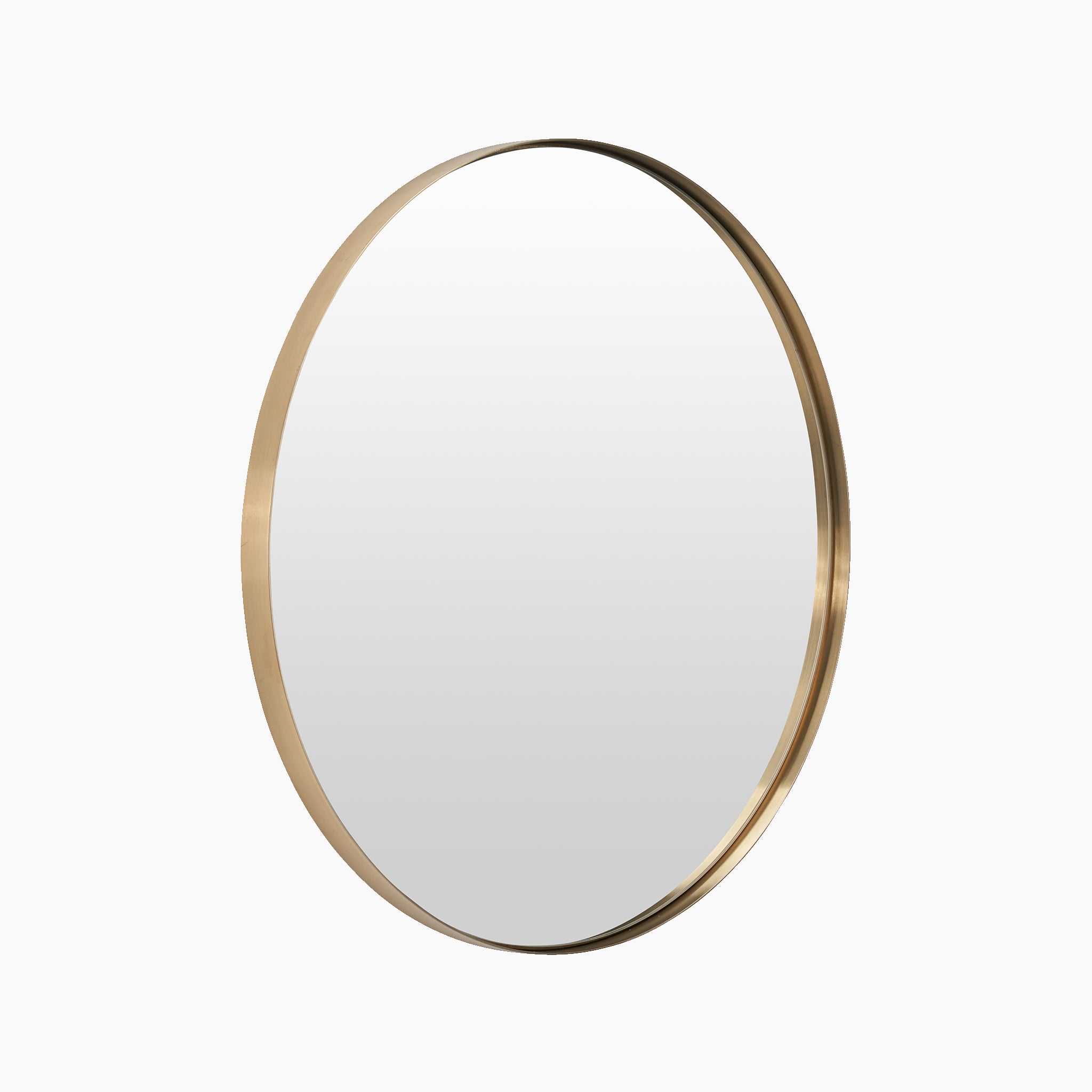 The Brushed Gold Metal Slim Frame Round Wall Mirror Small adorns a plain background with its understated elegance.