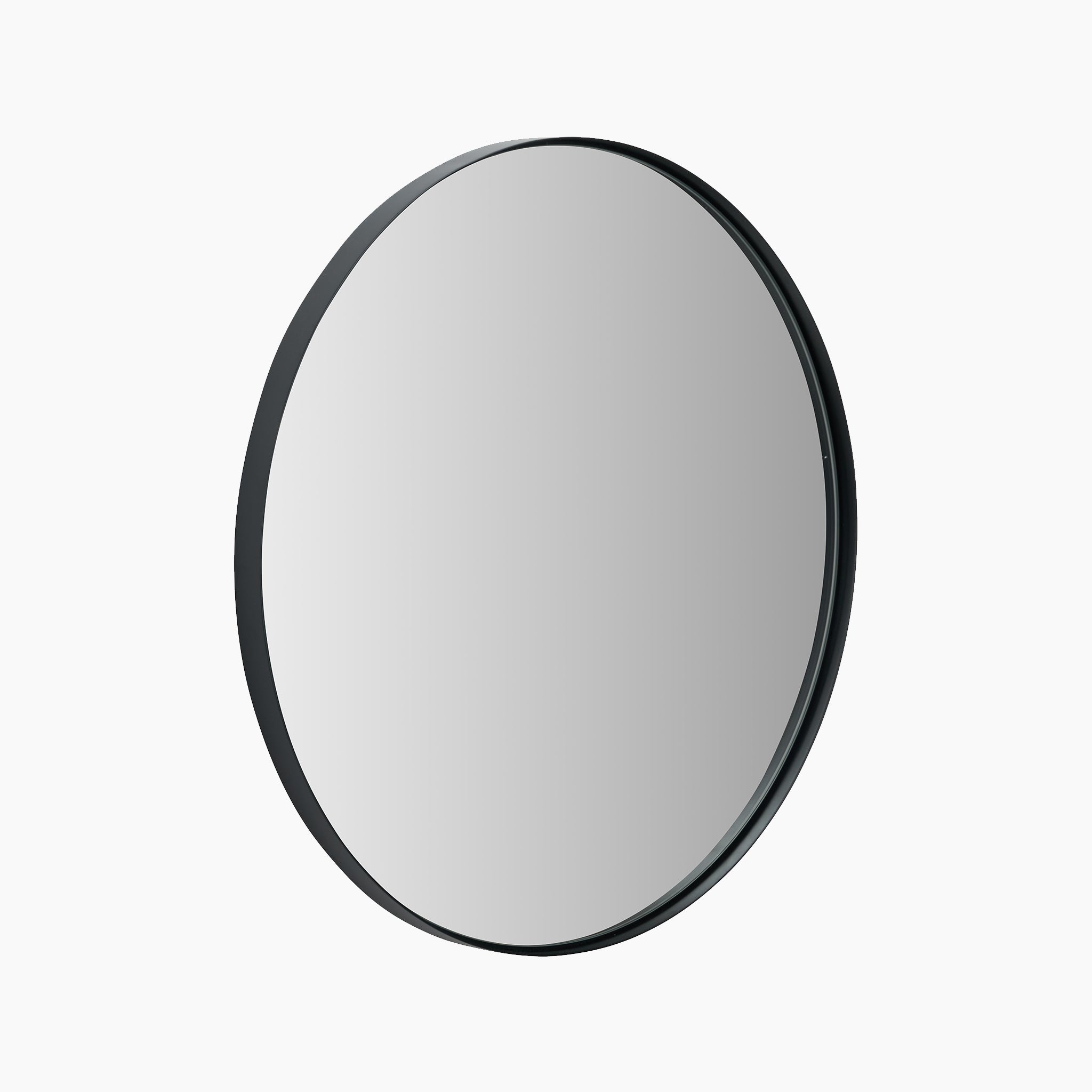 The Black Metal Slim Frame Round Wall Mirror Large features a sleek metal frame in matte black, creating an elegant contrast against a plain white backdrop.