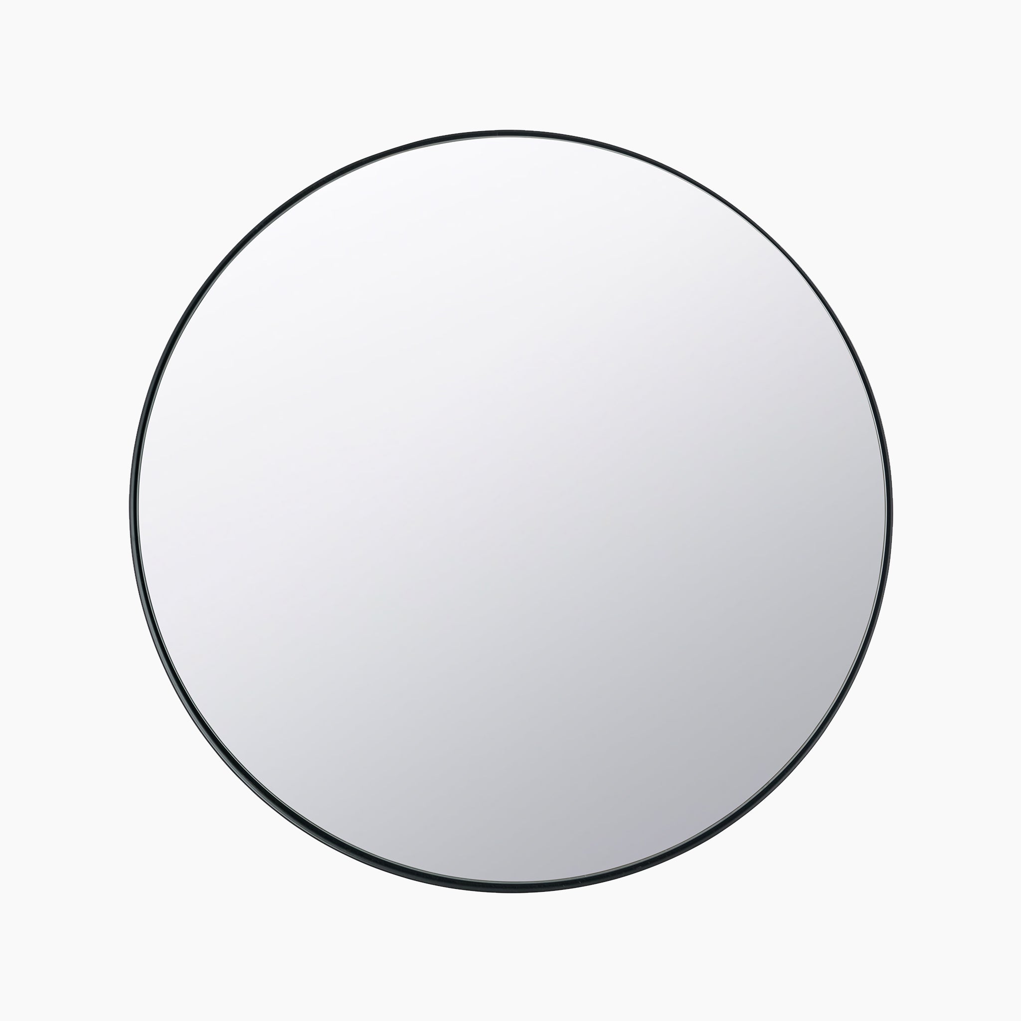 The Black Metal Slim Frame Round Wall Mirror Large rests elegantly against a plain white background.