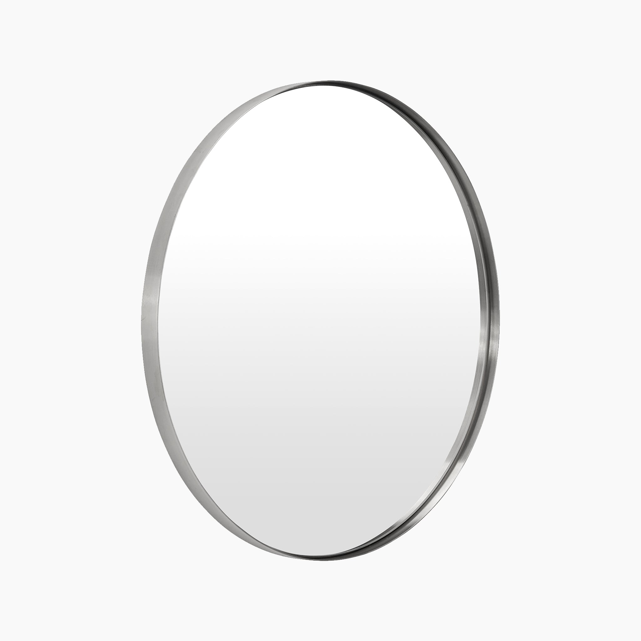 The Brushed Silver Metal Slim Frame Round Wall Mirror Large combines simplicity and elegance with its sleek design against a plain white background.