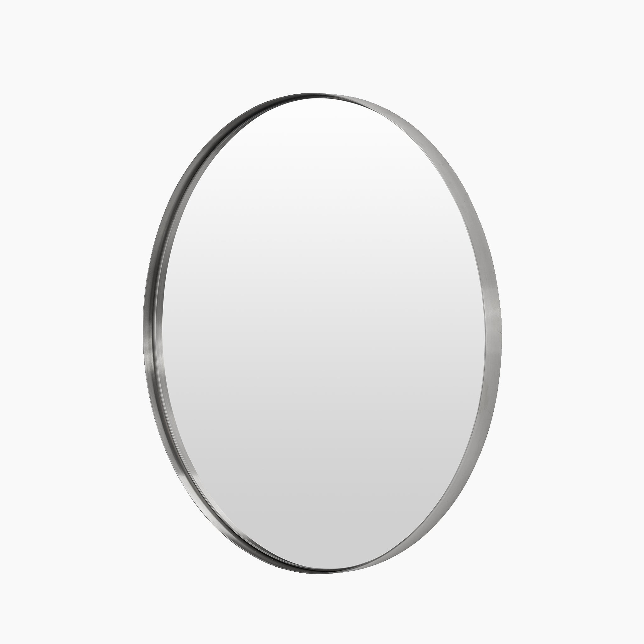 Large round wall mirror with a slim metal frame in brushed silver on a white background.