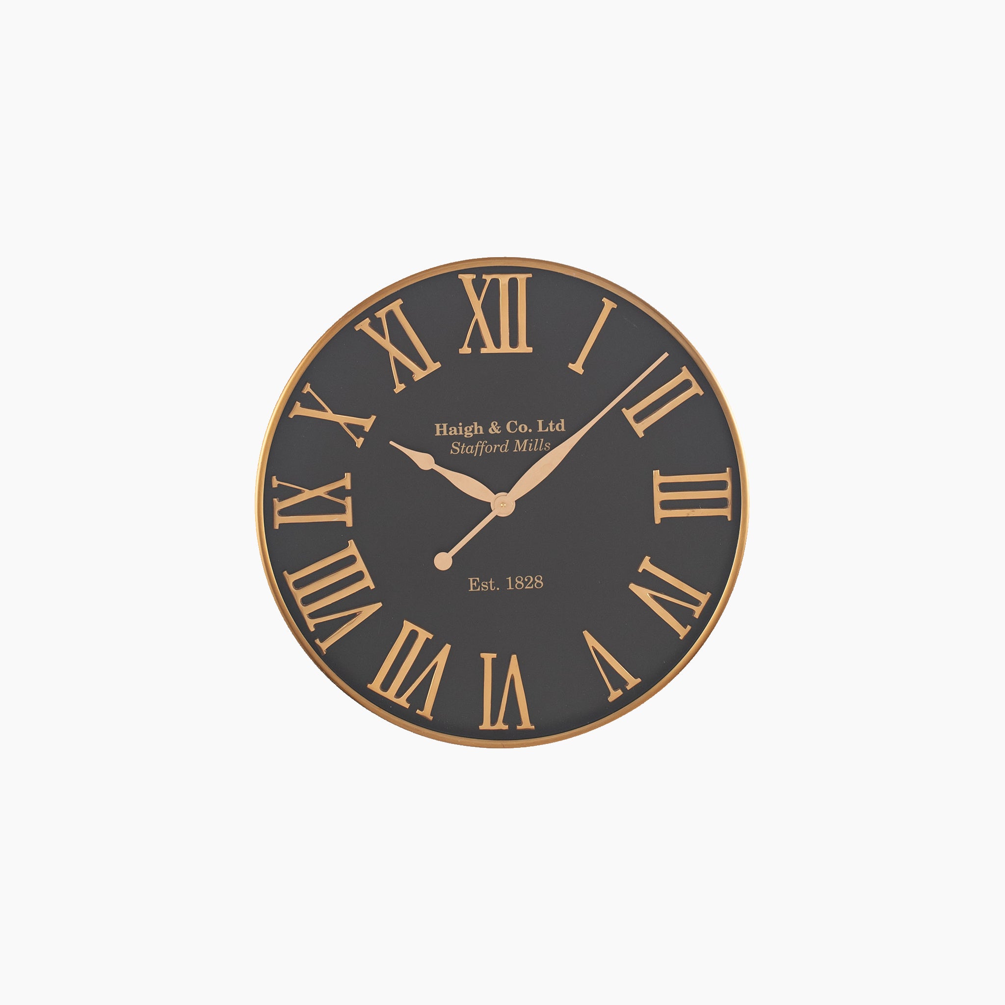 The Antique Gold and Black Metal Wall Clock, featuring oversized Roman numerals on its black face that stylishly display 10:09, makes a striking addition to contemporary interiors.