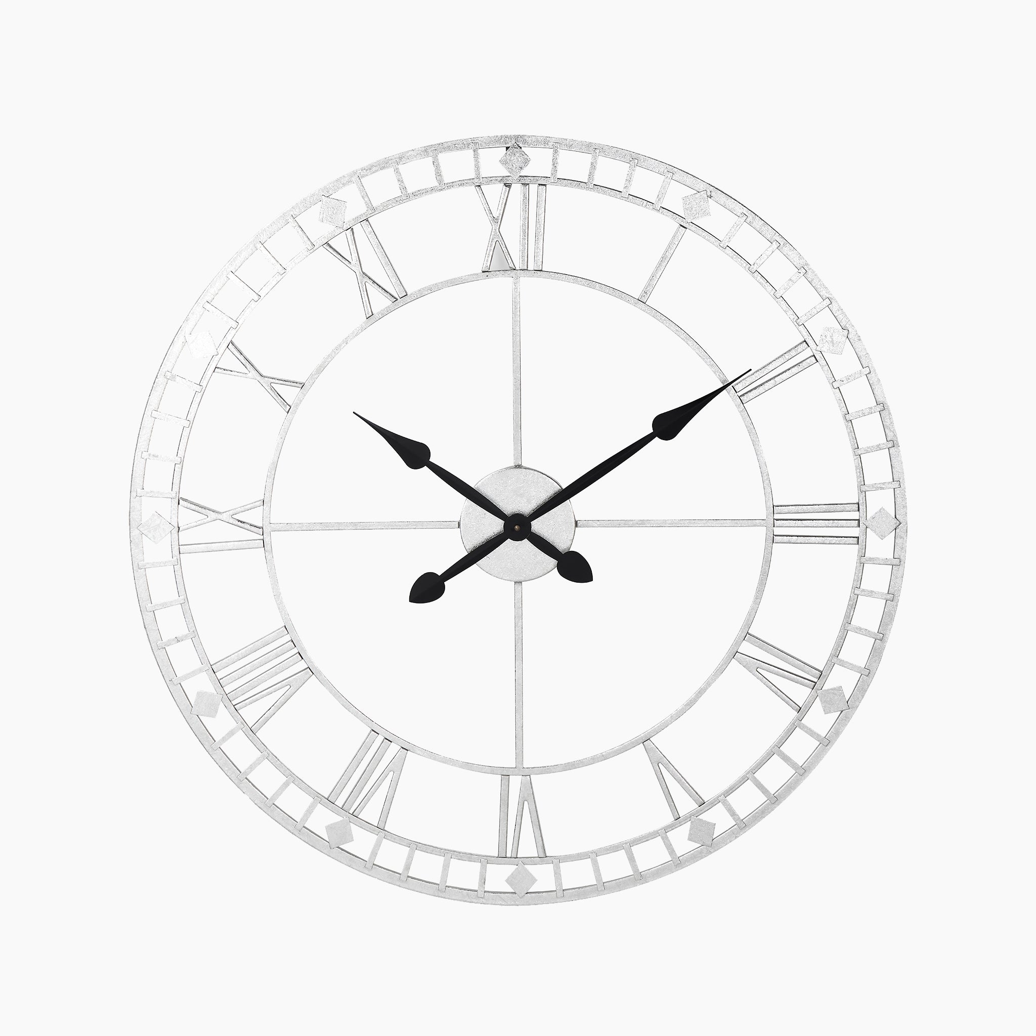 Antique Silver Metal Round Wall Clock Large showcasing Roman numerals and black hands set against a pristine white background.