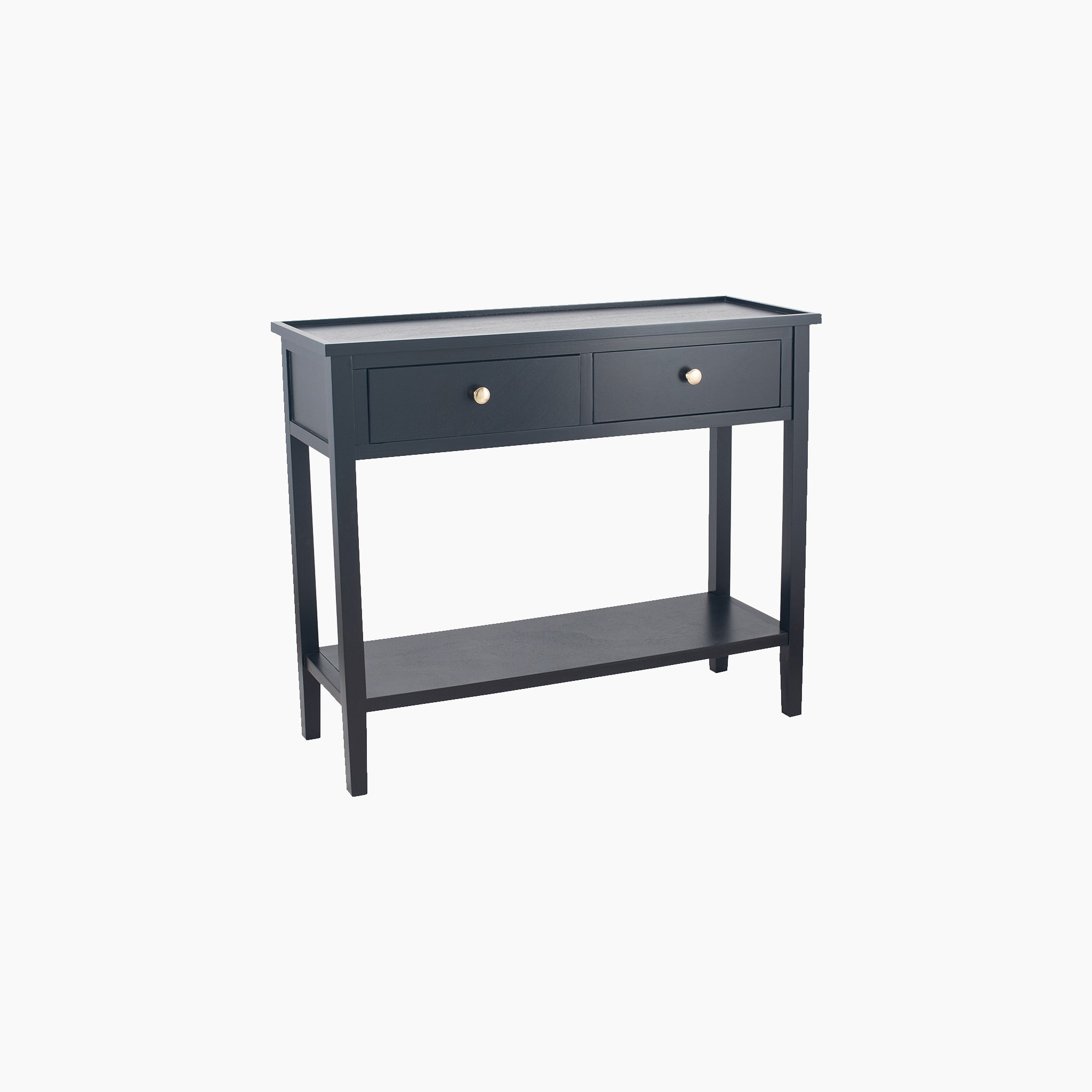 Satin black console table from the Fairford Collection, crafted from pine wood, includes two drawers and a lower shelf, elegantly set against a pristine white background.