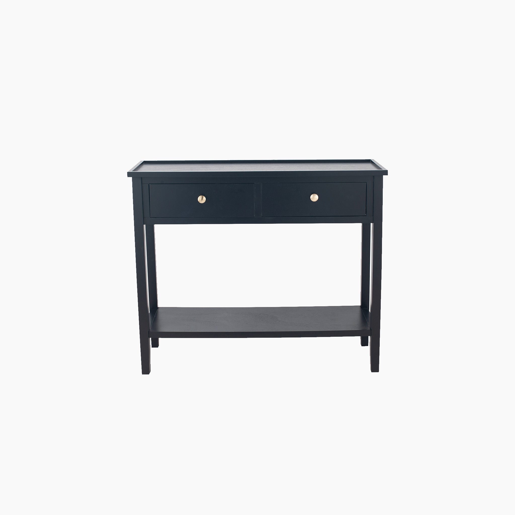 Belonging to the Fairford Collection, the Fairford Satin Black Pine Wood 2 Drawer Console Table boasts a mid-century design with two drawers and a lower shelf, set against a plain background.