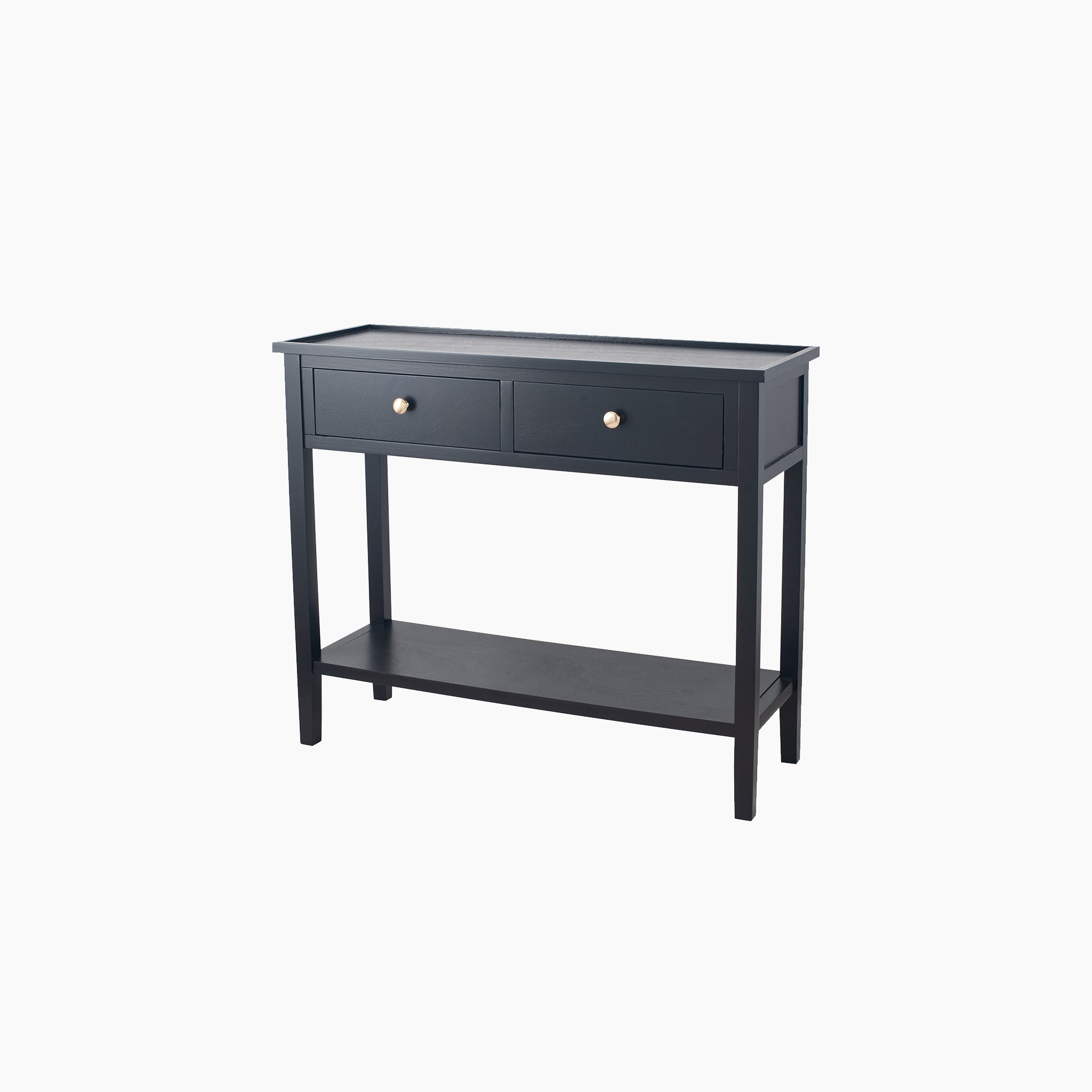 As part of the Fairford Collection, the Fairford Satin Black Pine Wood 2 Drawer Console Table showcases a mid-century design with two drawers and a lower shelf, standing out against a white background.