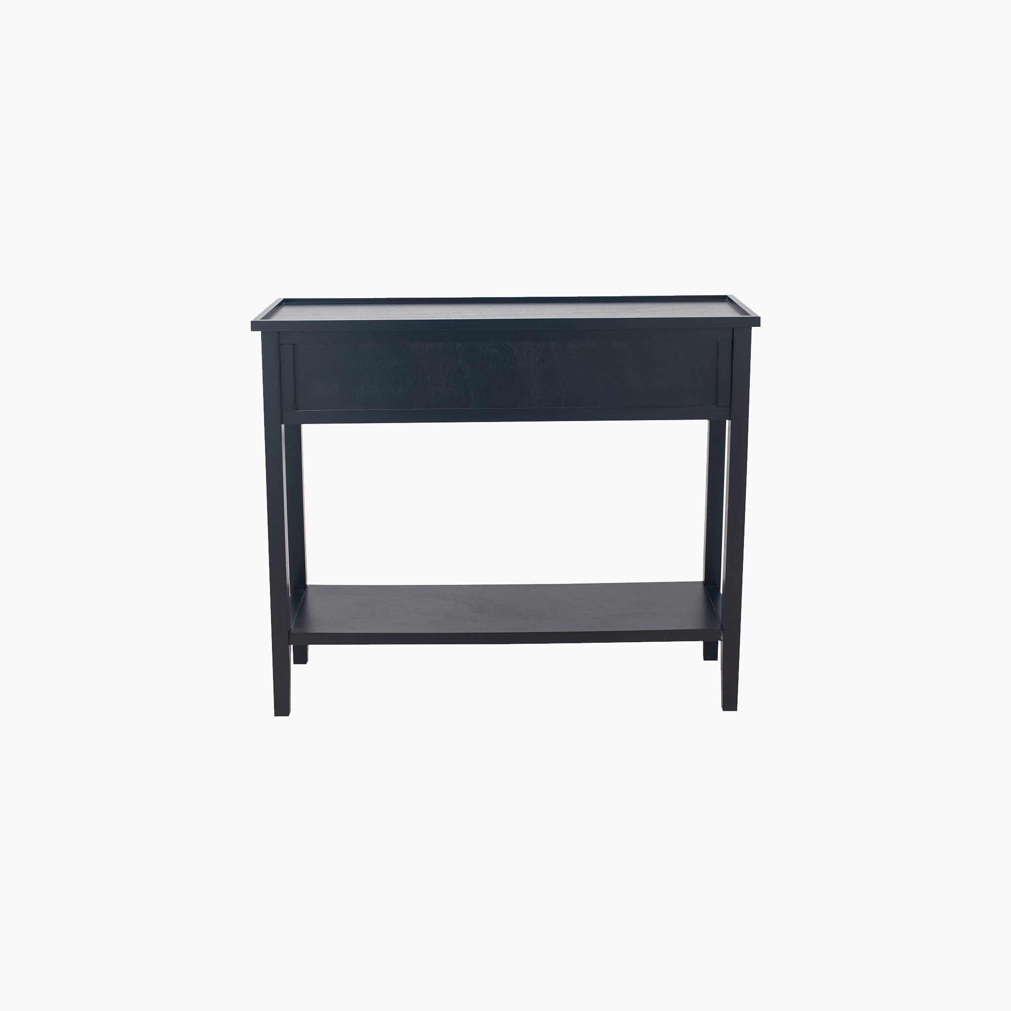 The Fairford Satin Black Pine Wood 2 Drawer Console Table showcases a mid-century design with a lower shelf, set against a plain background.