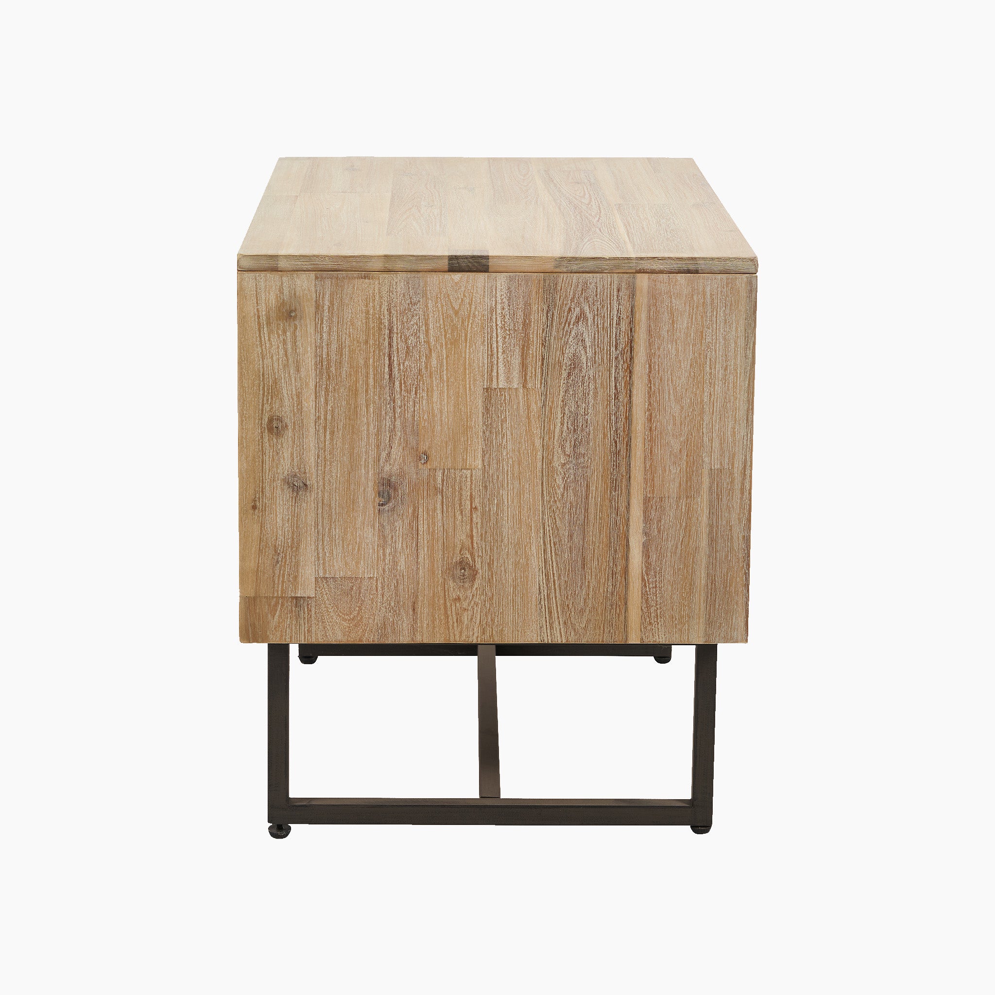 Side view of the Marca Sand Wash Acacia Wood and Black Metal Bedside Unit, featuring a natural acacia wood finish set on a black metal frame with a minimalistic design, perfect for a Scandi-style bedside unit.