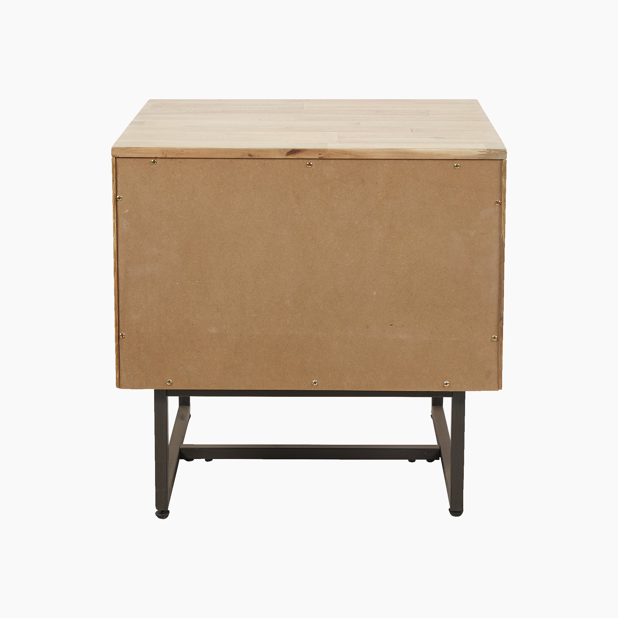 Viewed from the back, the Marca Sand Wash Acacia Wood and Black Metal Bedside Unit showcases a plain panel secured with screws. This Scandi-style bedside unit not only boasts a wooden furniture piece with a metal base but also offers ample storage space.