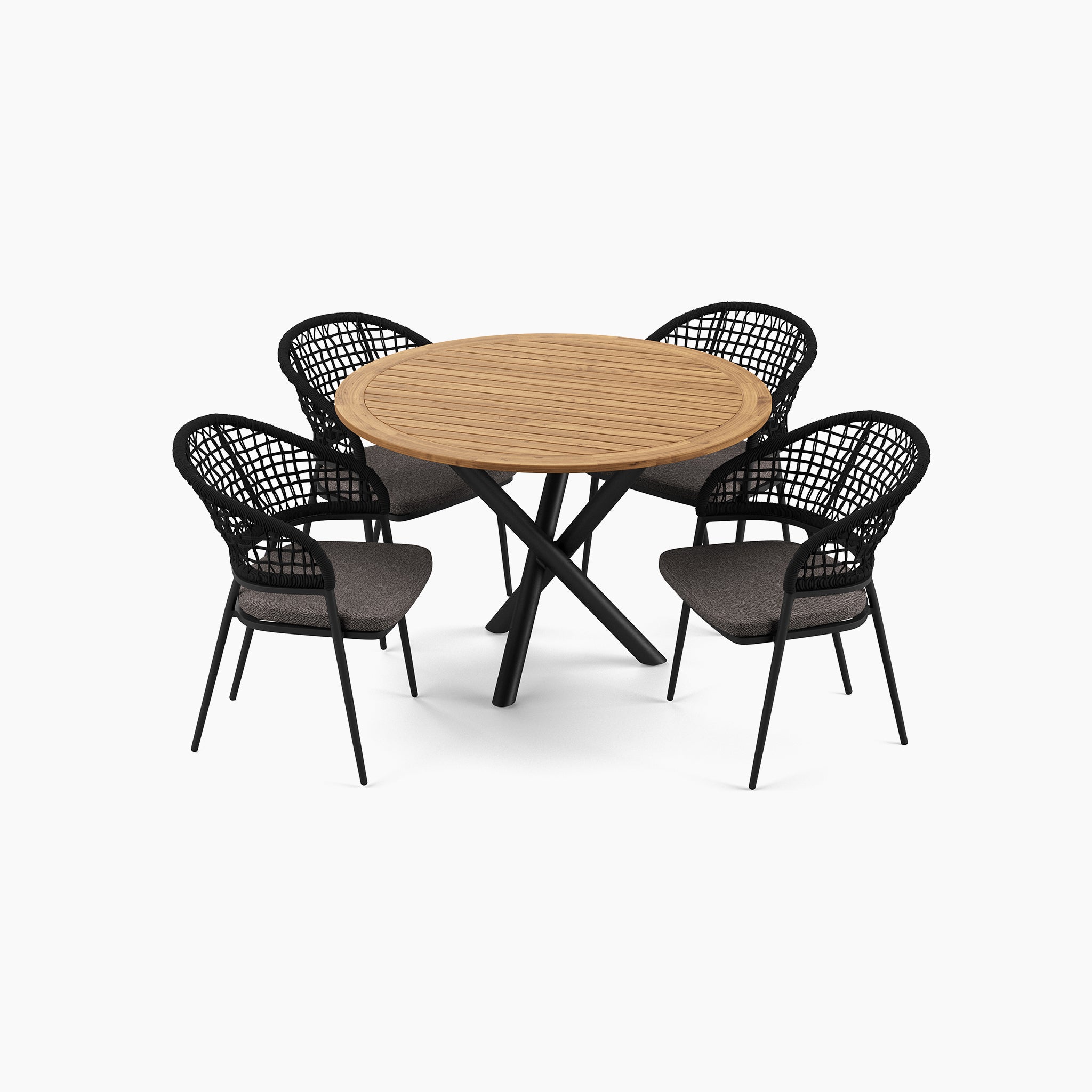 Kalama 4 Seat Round Dining Set in Charcoal featuring a teak table with black crisscross legs, accompanied by four black woven chairs with cushioned seats.