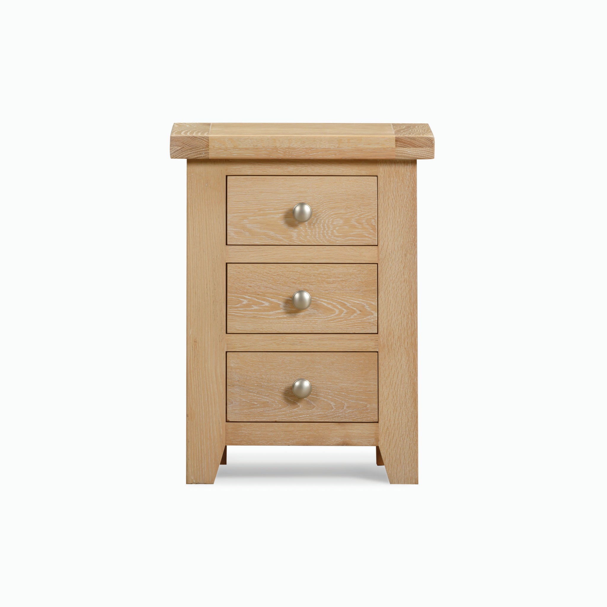 The Burford 3 Drawers Bedside Table in Natural Oak, featuring three drawers with round silver knobs and set against a plain white background, offers ample storage for all your essentials.