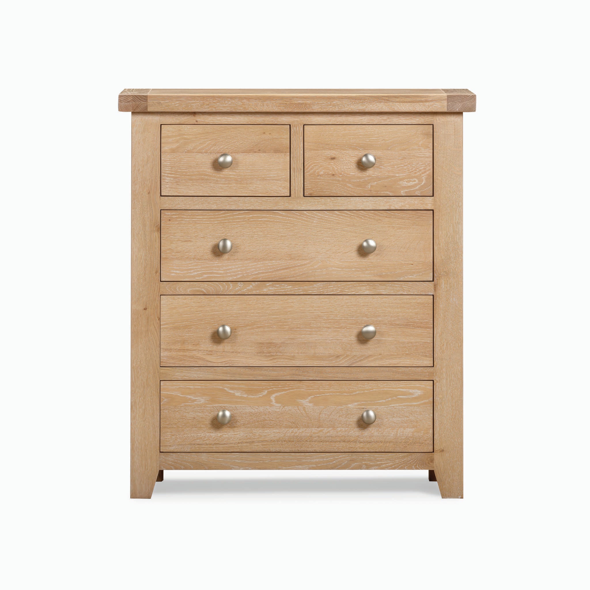 The Burford range offers a 2 Over 3 Chest of Drawers in Natural Oak, featuring five drawers, including three spacious ones at the bottom and two smaller ones on top, providing ample storage solutions.