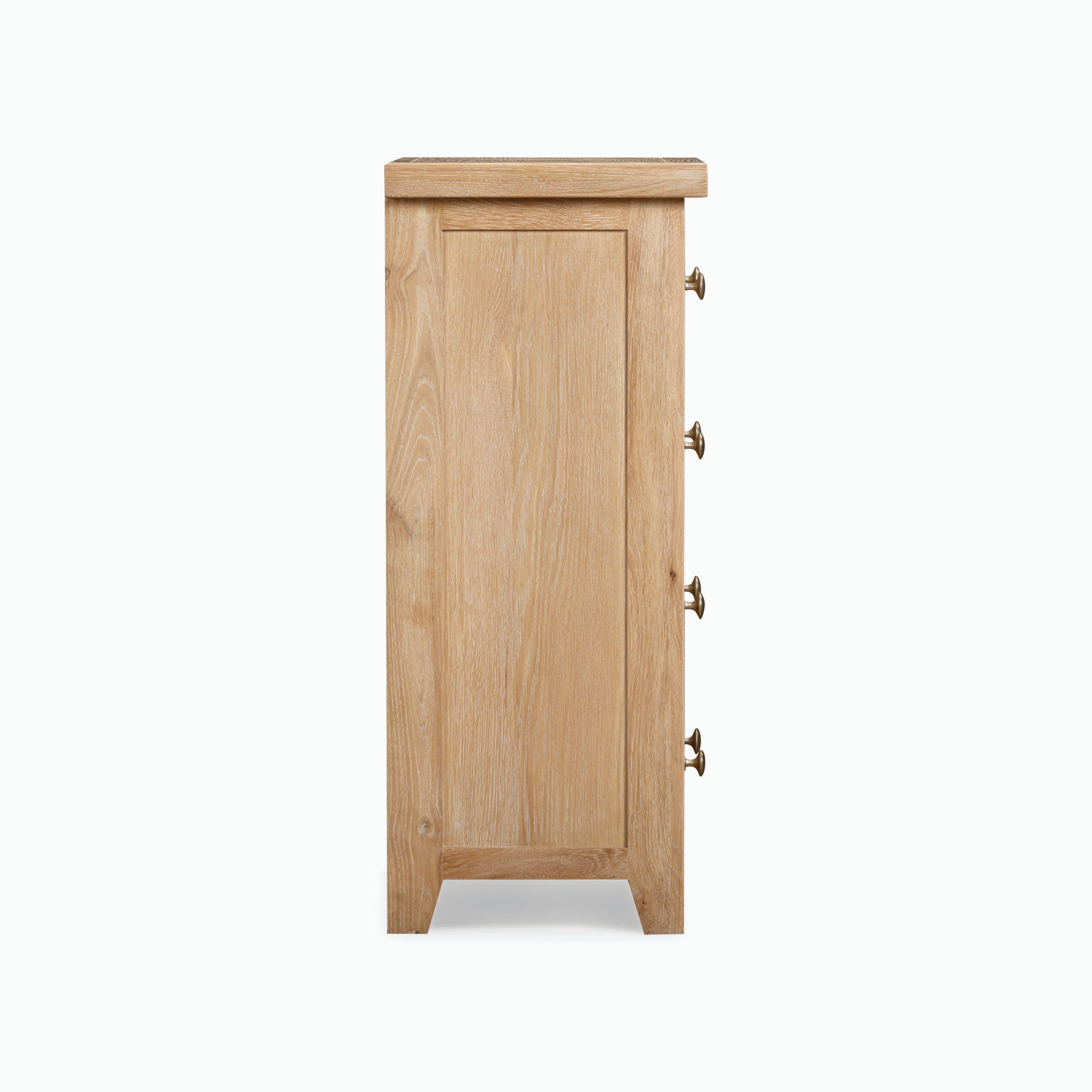 Side view of the Burford 2 Over 3 Chest of Drawers in Natural Oak featuring five drawers with metallic handles, providing ample storage solutions.