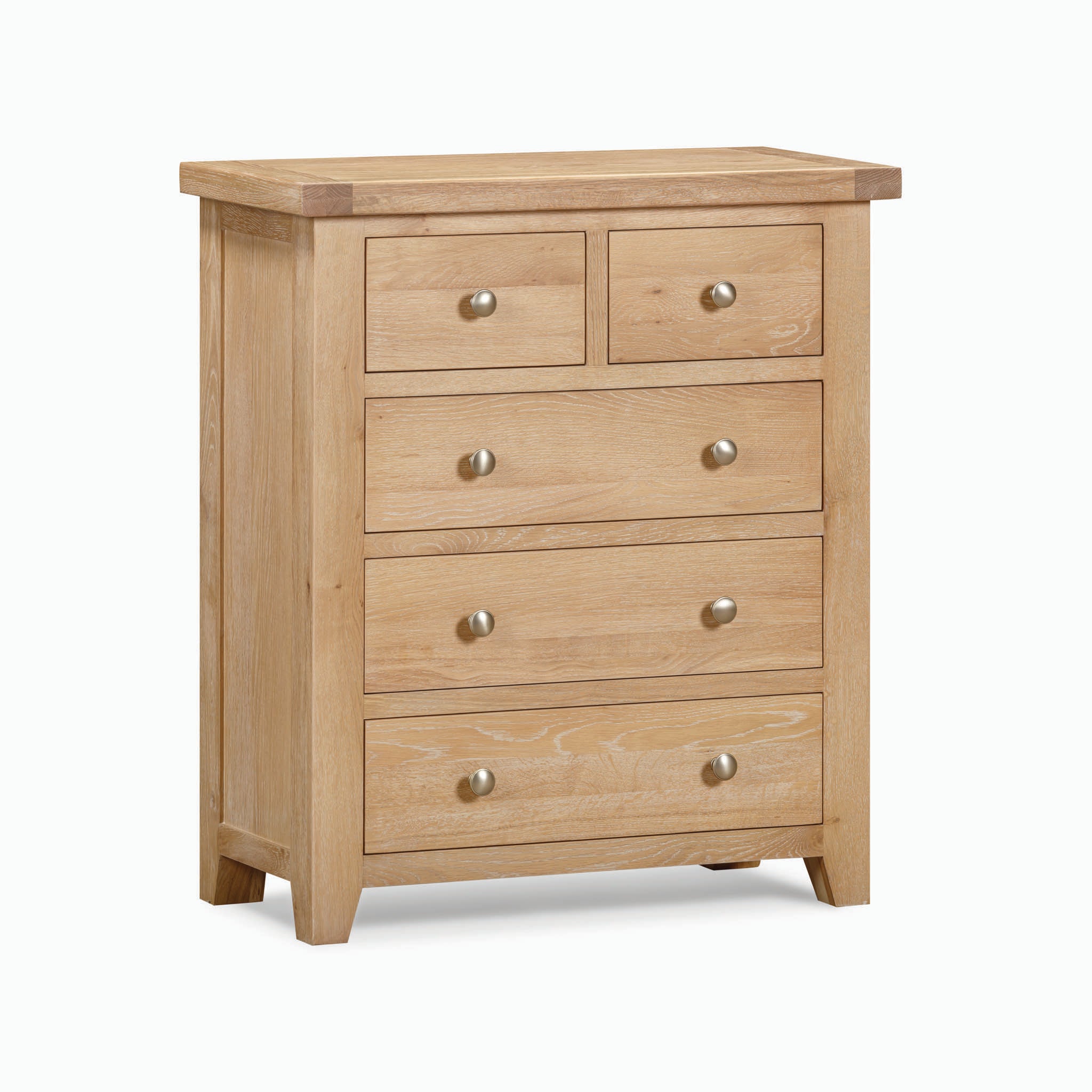 The Burford 2 Over 3 Chest of Drawers in Natural Oak offers ample storage solutions with two smaller drawers on top and three larger drawers below, each featuring metal knobs.