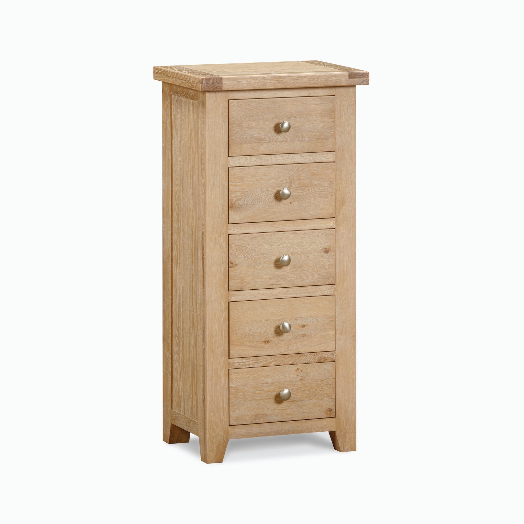 The Burford 5 Chest of Drawers in Natural Oak is a tall, narrow wooden dresser featuring five drawers with small round metal knobs, making it an ideal stylish storage solution.