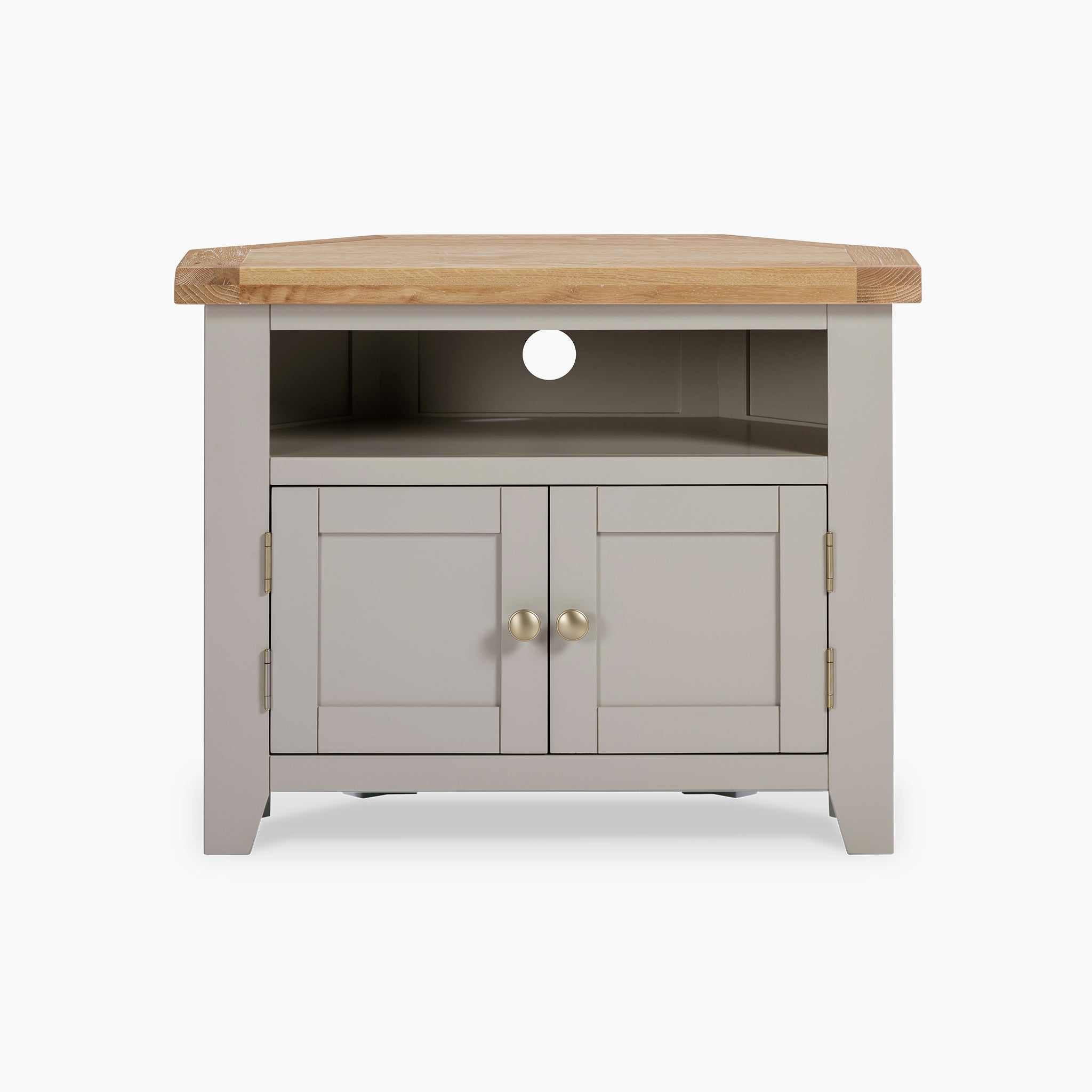 Burford Corner Media Unit in Pebble Grey with a natural oak top and two cabinet doors, exuding rustic charm.