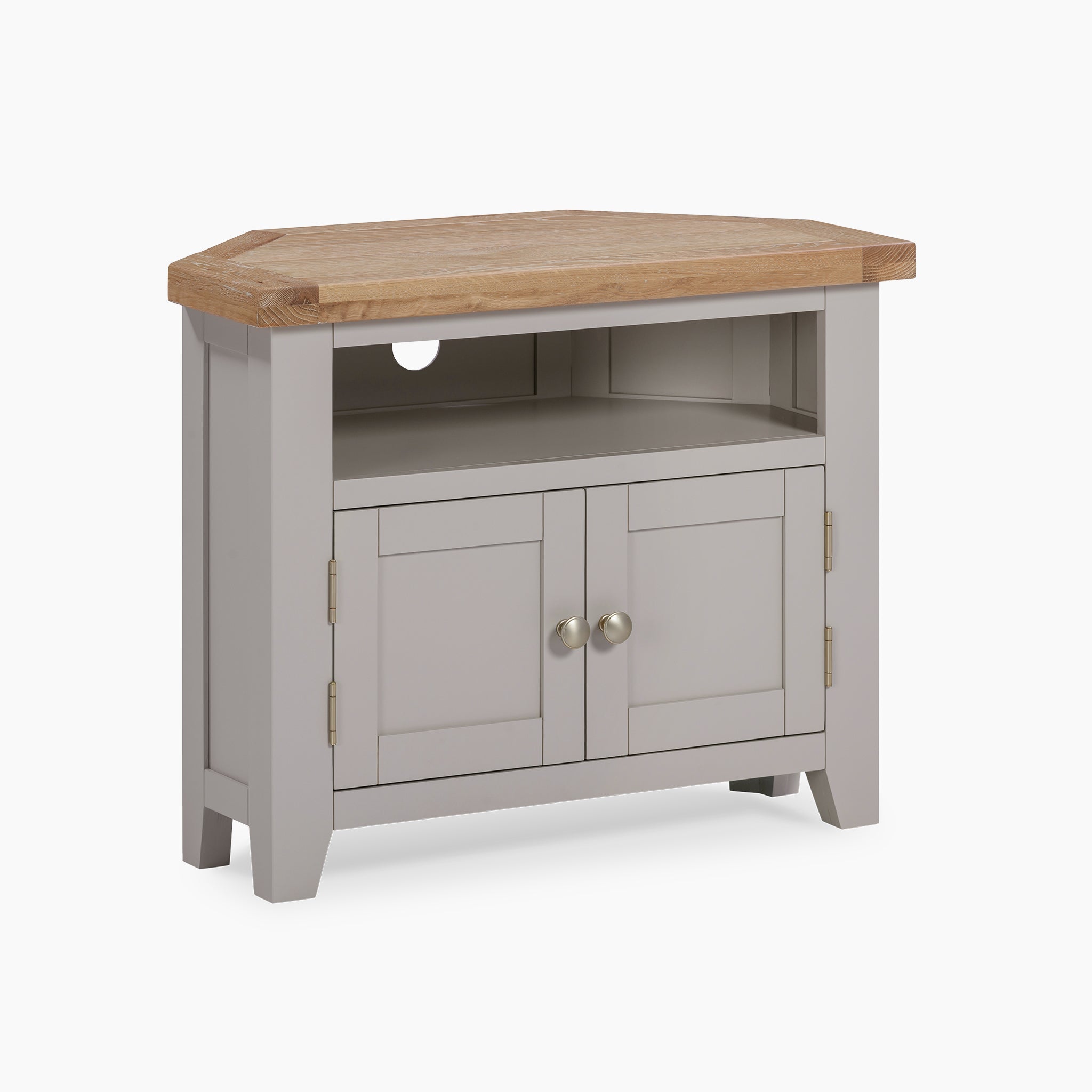 Introducing the Burford Corner Media Unit in Pebble Grey, featuring a natural oak top, an open shelf, and two cabinets with round knobs, seamlessly blending rustic charm with modern functionality in a versatile TV stand.