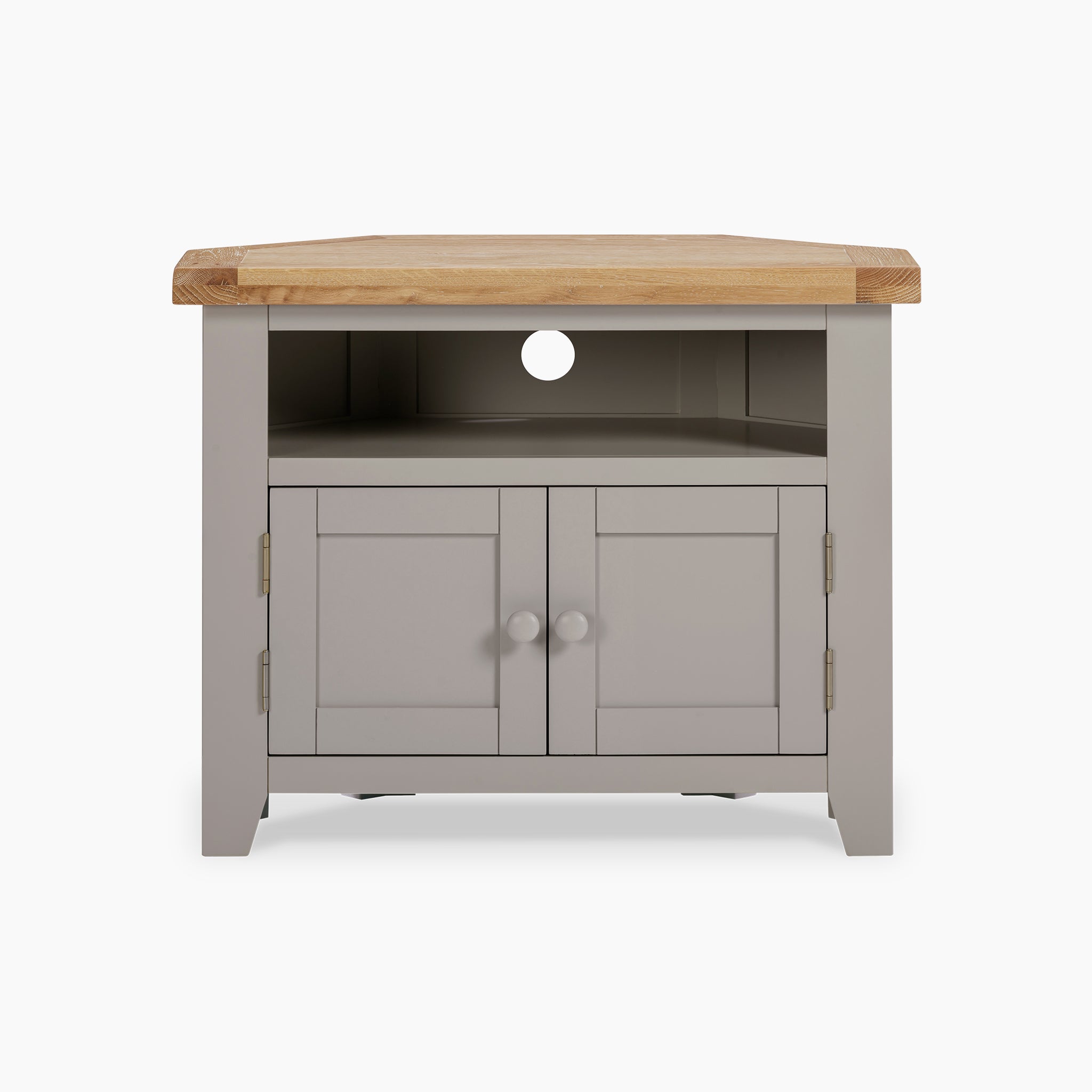 The Burford Corner Media Unit in Pebble Grey features two cabinet doors and a natural oak top, emitting a rustic charm.