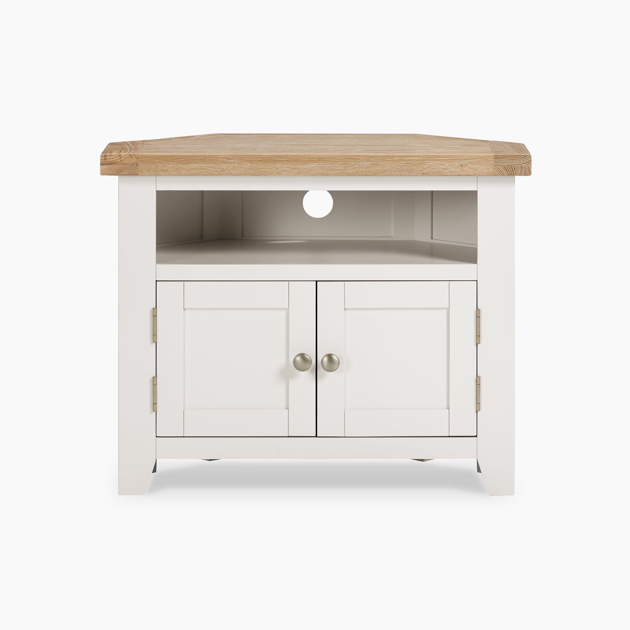 The Burford Corner Media Unit in Warm White features a wooden top, two doors, and an open shelf perfect for convenient display. This TV stand also offers smart cable management to keep your entertainment space tidy and organized.