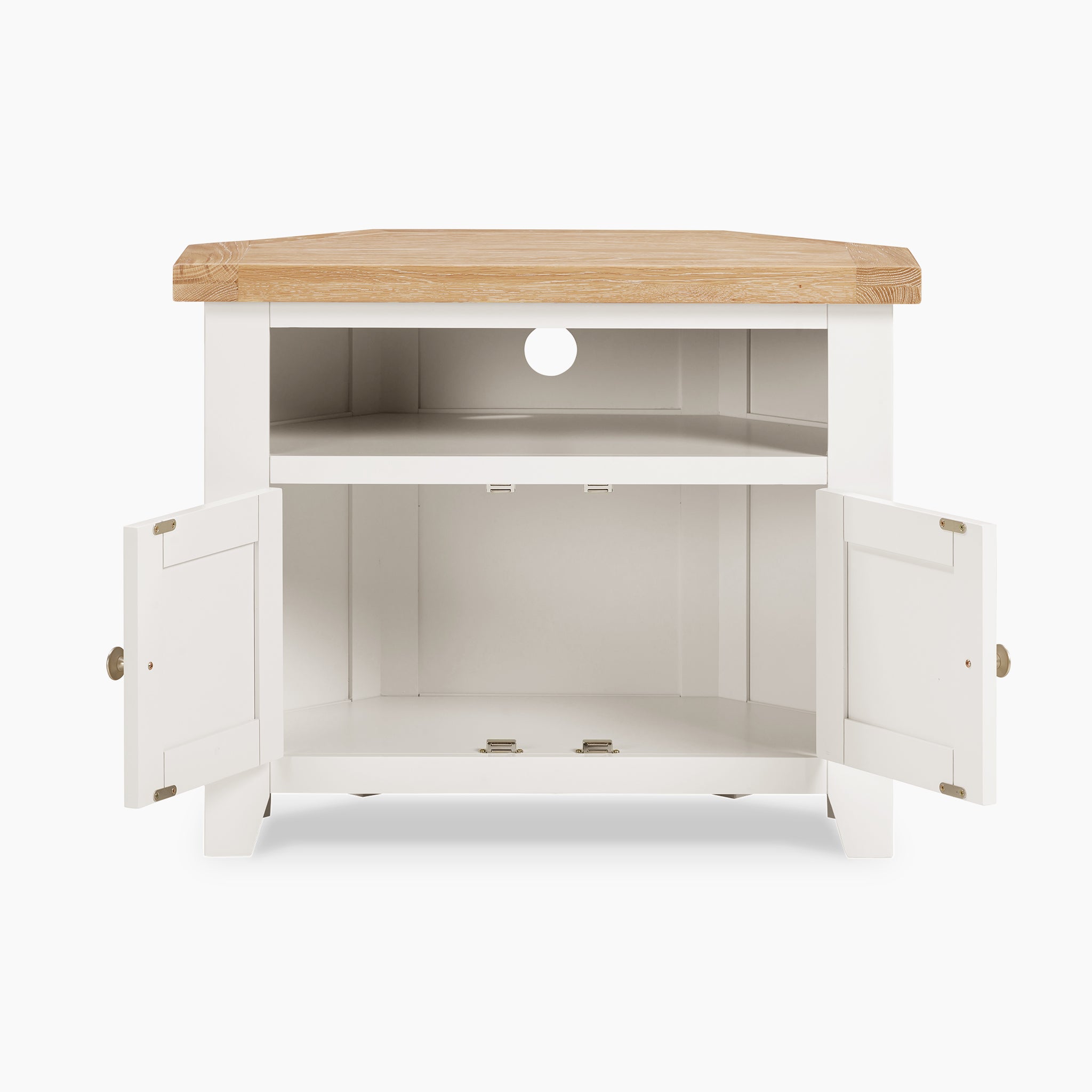 Introducing the Burford Corner Media Unit in Warm White: a striking TV cabinet with a wooden top, open doors, and an interior open shelf for effortless organization. This elegant media unit also includes efficient cable management to maintain a tidy and clutter-free space.