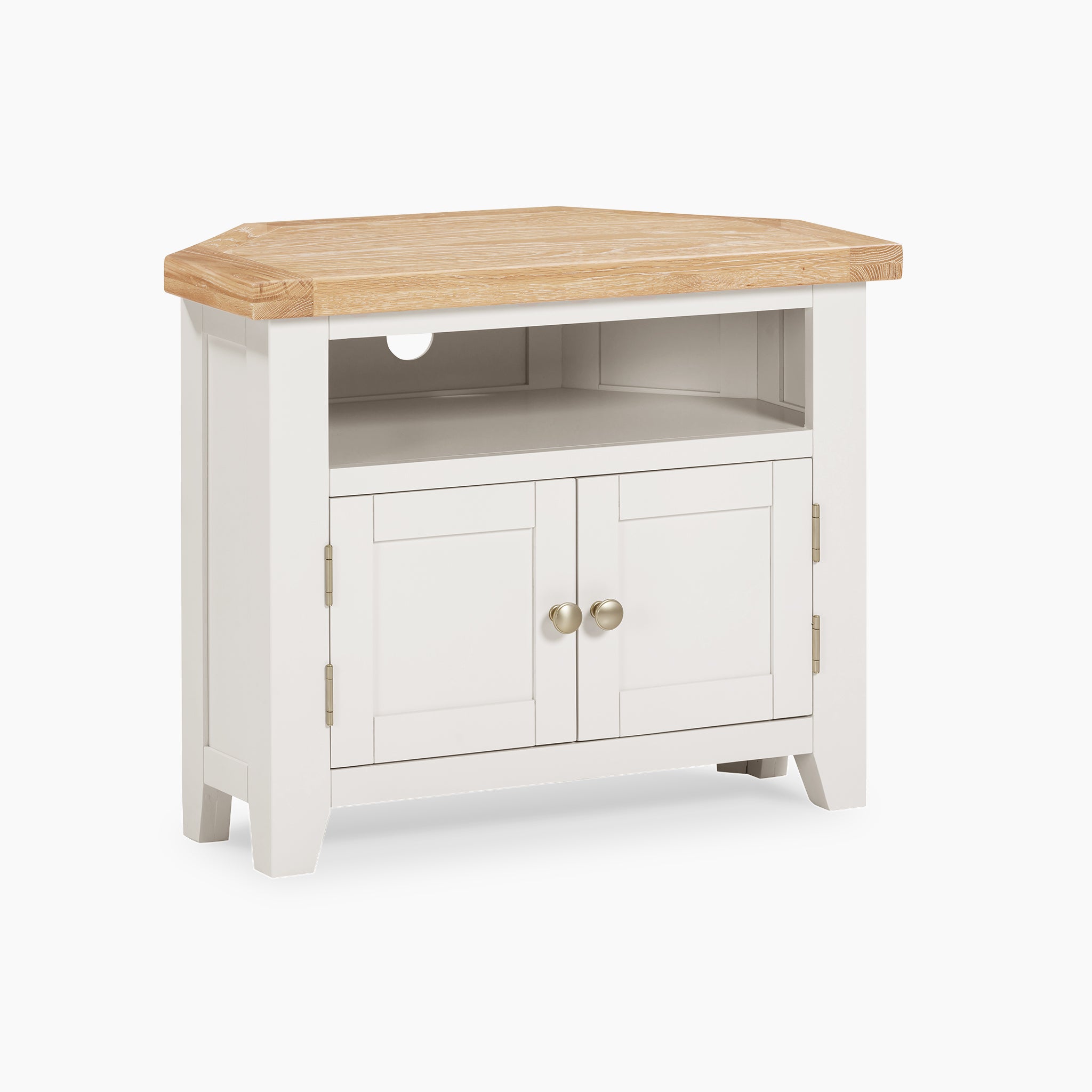 The Burford Corner Media Unit in Warm White is perfect as a media unit, featuring a natural wood top, an open shelf for easy access, and two doors with silver knobs.