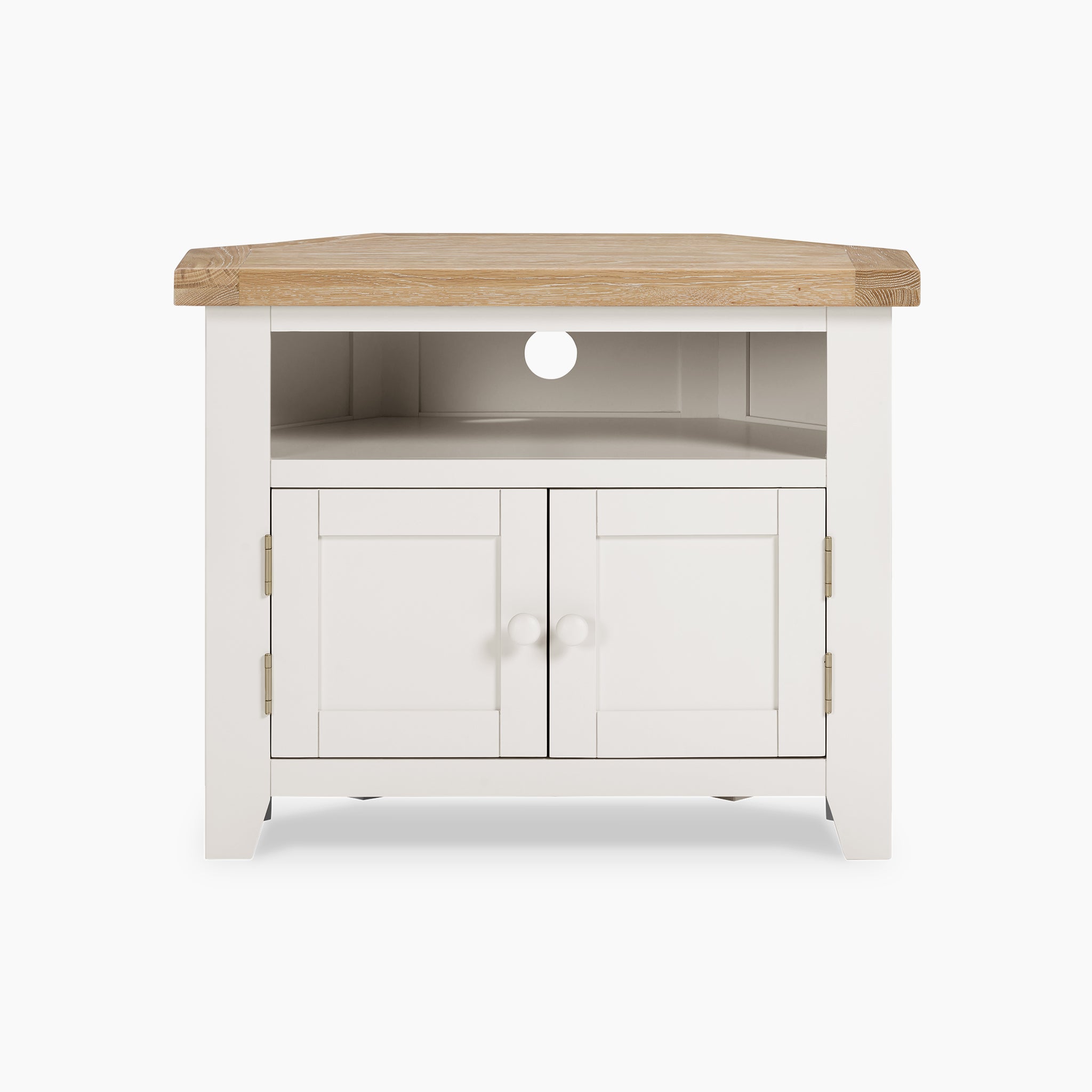 The Burford Corner Media Unit in Warm White features a light wood top, two doors, and an open shelf above, making it an ideal choice as a media unit with efficient cable management.