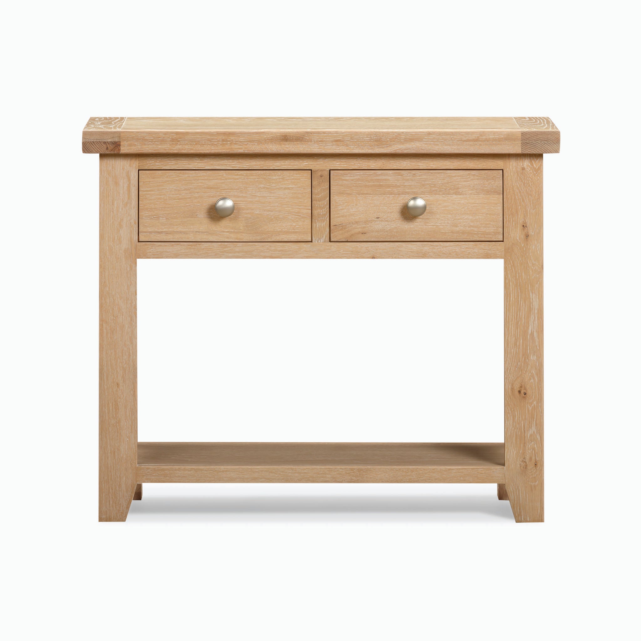 Burford 2 Drawers Console Table in Natural Oak, featuring two storage drawers and a lower shelf, set against a plain background.