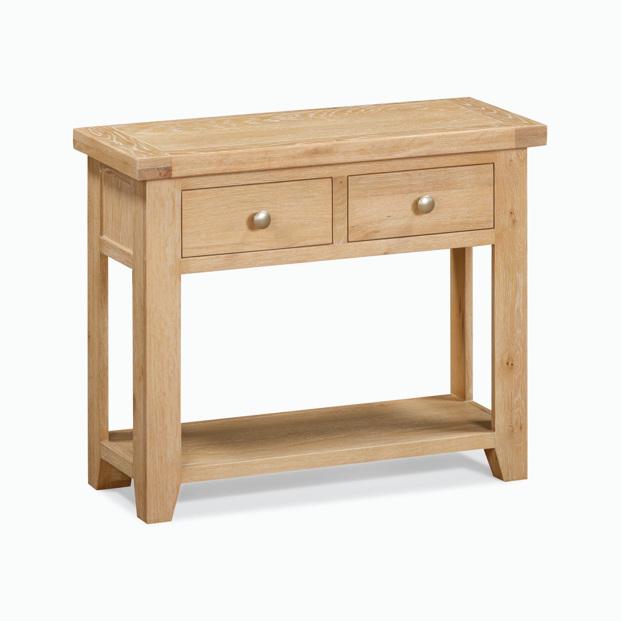 A Burford 2 Drawers Console Table in Natural Oak featuring two storage drawers and a lower shelf.