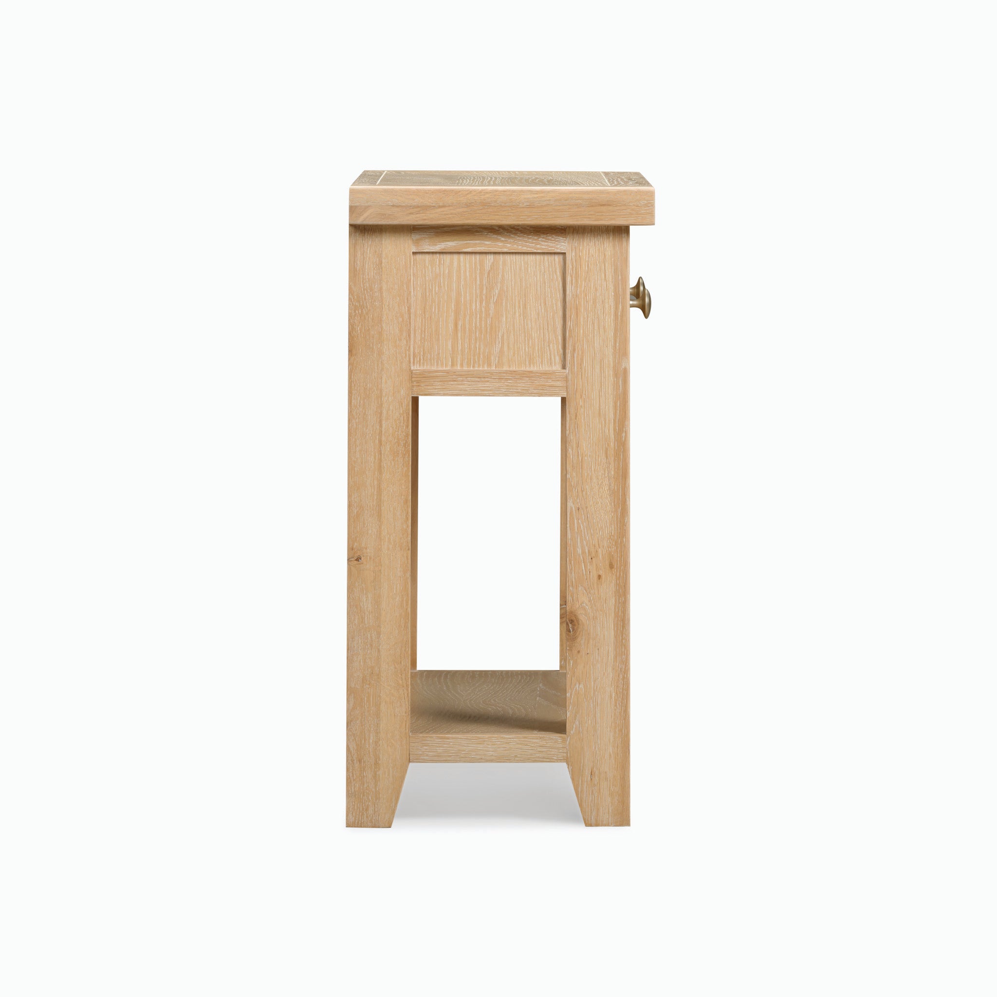 Side view of the Burford 2 Drawers Console Table in natural oak, featuring an open shelf at the bottom and two small storage drawers at the top.