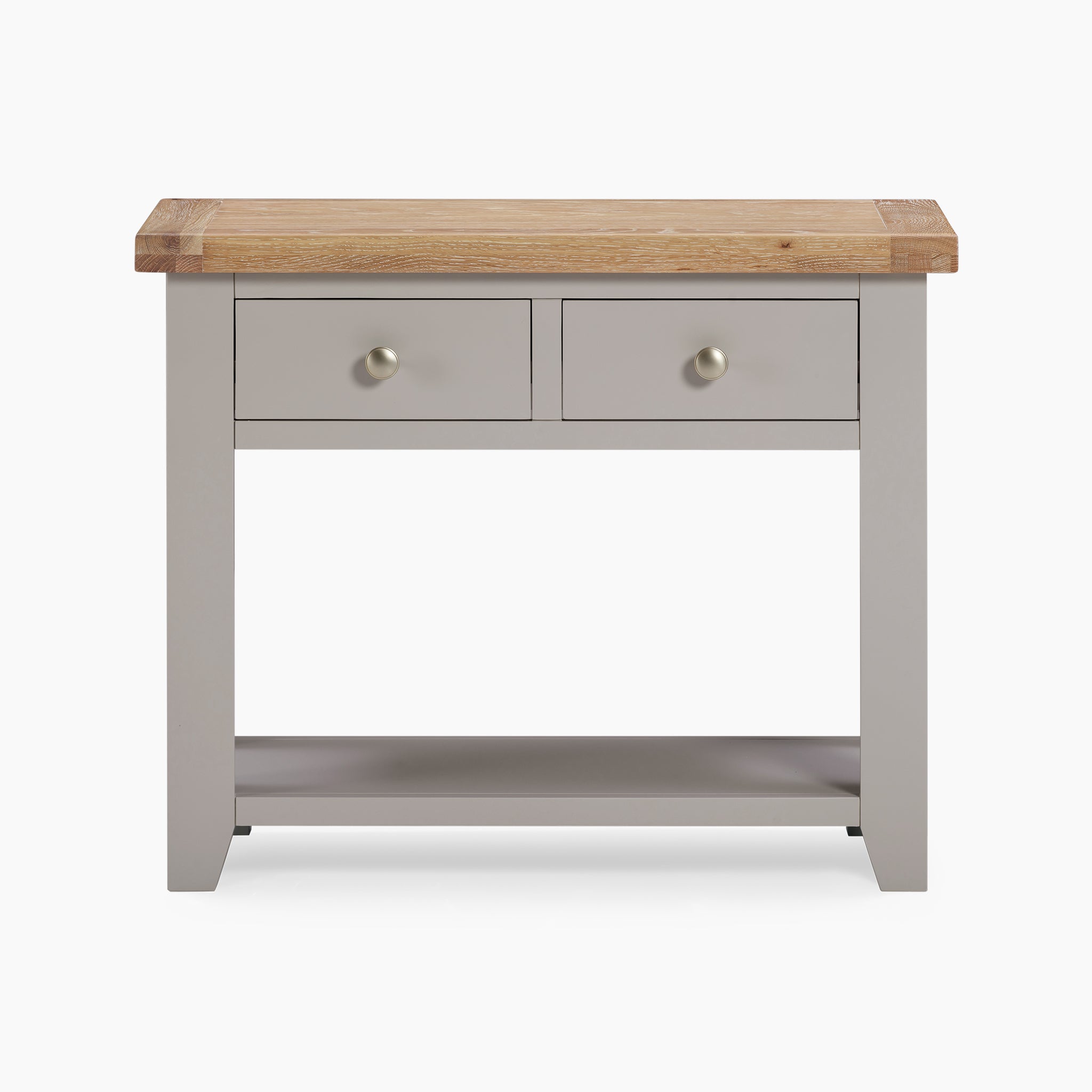 The Burford 2 Drawers Console Table in Pebble Grey boasts a pebble grey frame and a light brown top that evokes the look of natural oak, accented by two practical drawers that enhance its elegant design.