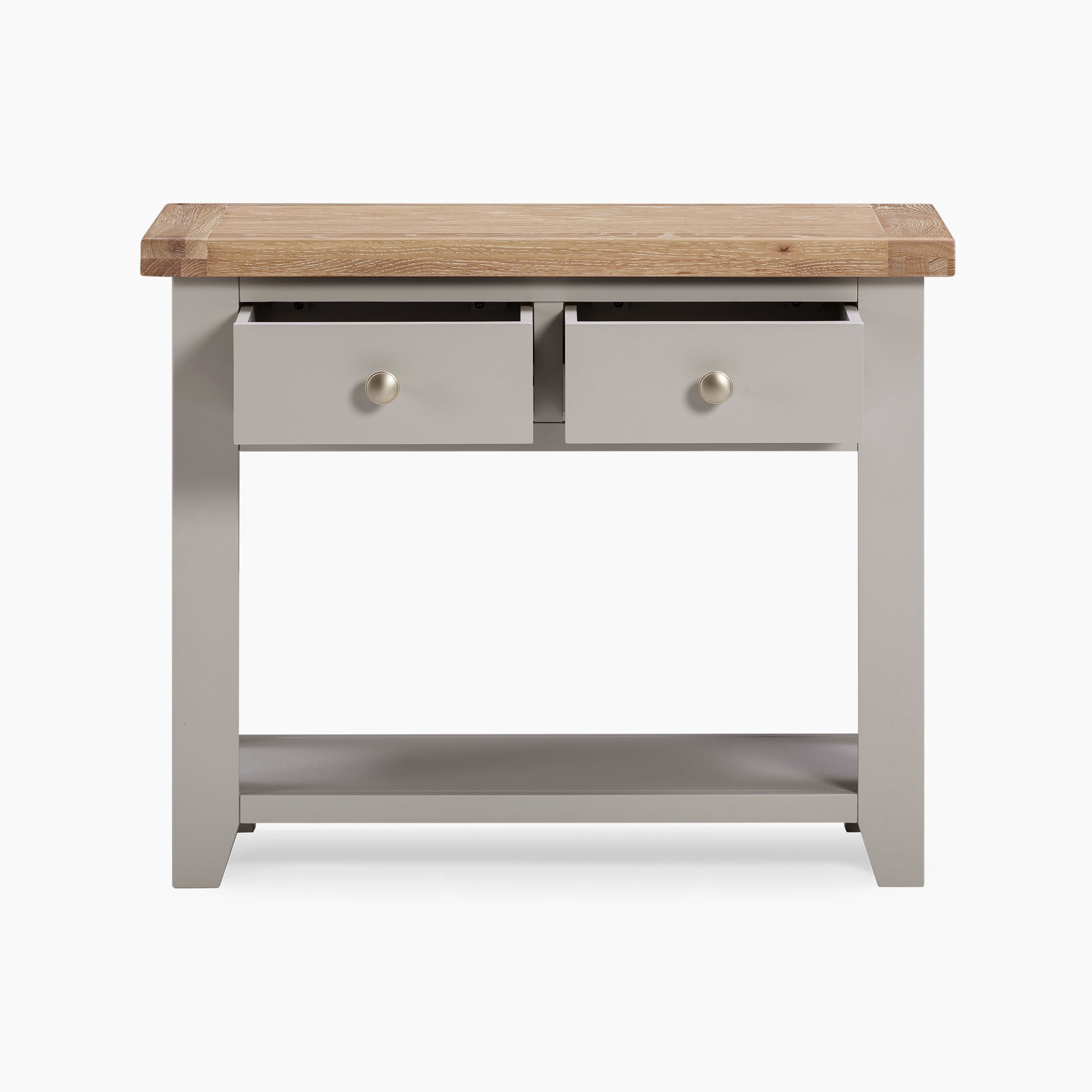 Introducing the Burford 2 Drawers Console Table in Pebble Grey, boasting a natural oak top and two pebble grey drawers against a crisp white backdrop. It's perfect for adding a touch of elegance to any room.