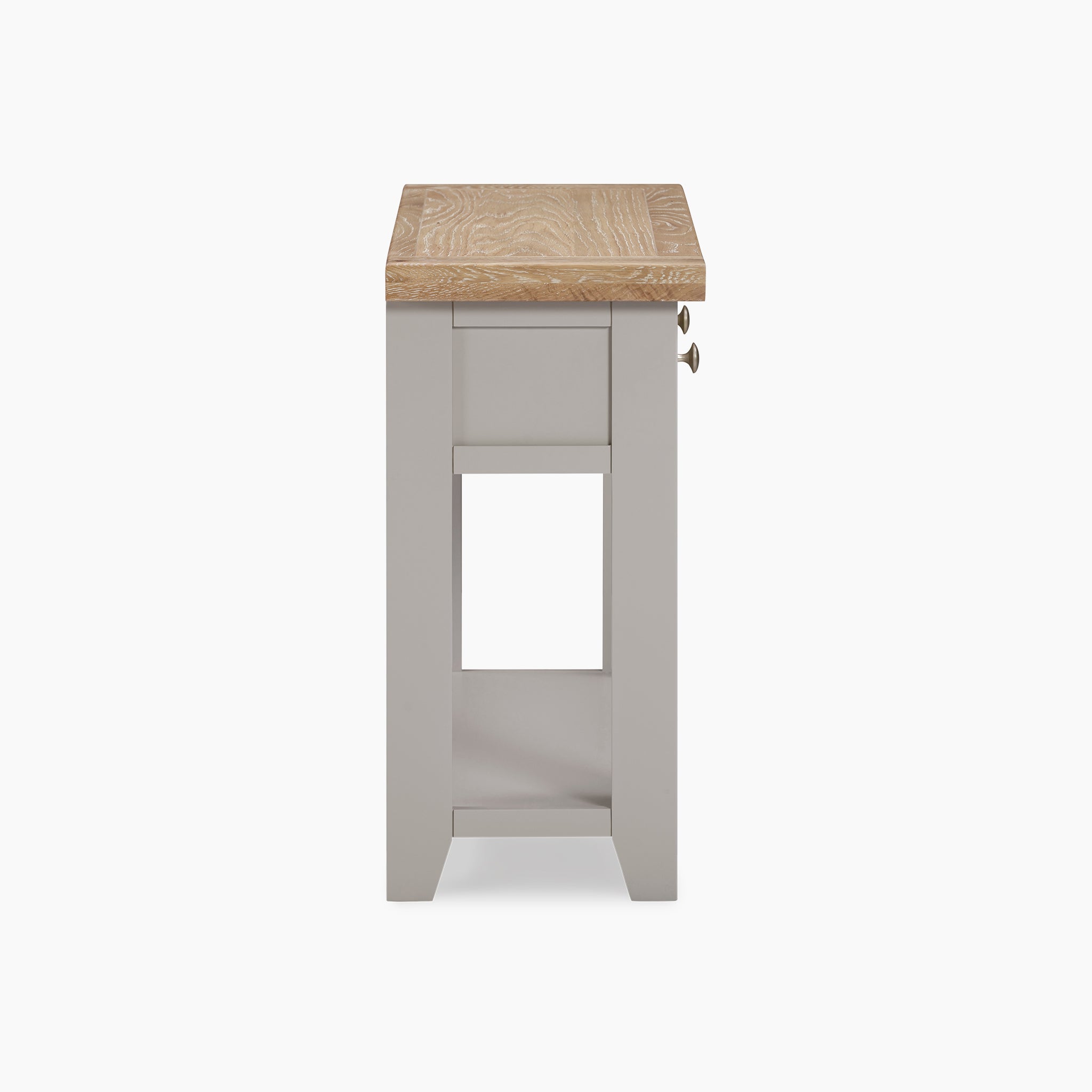 Side view of the Burford 2 Drawers Console Table featuring a natural oak top and legs in pebble grey.