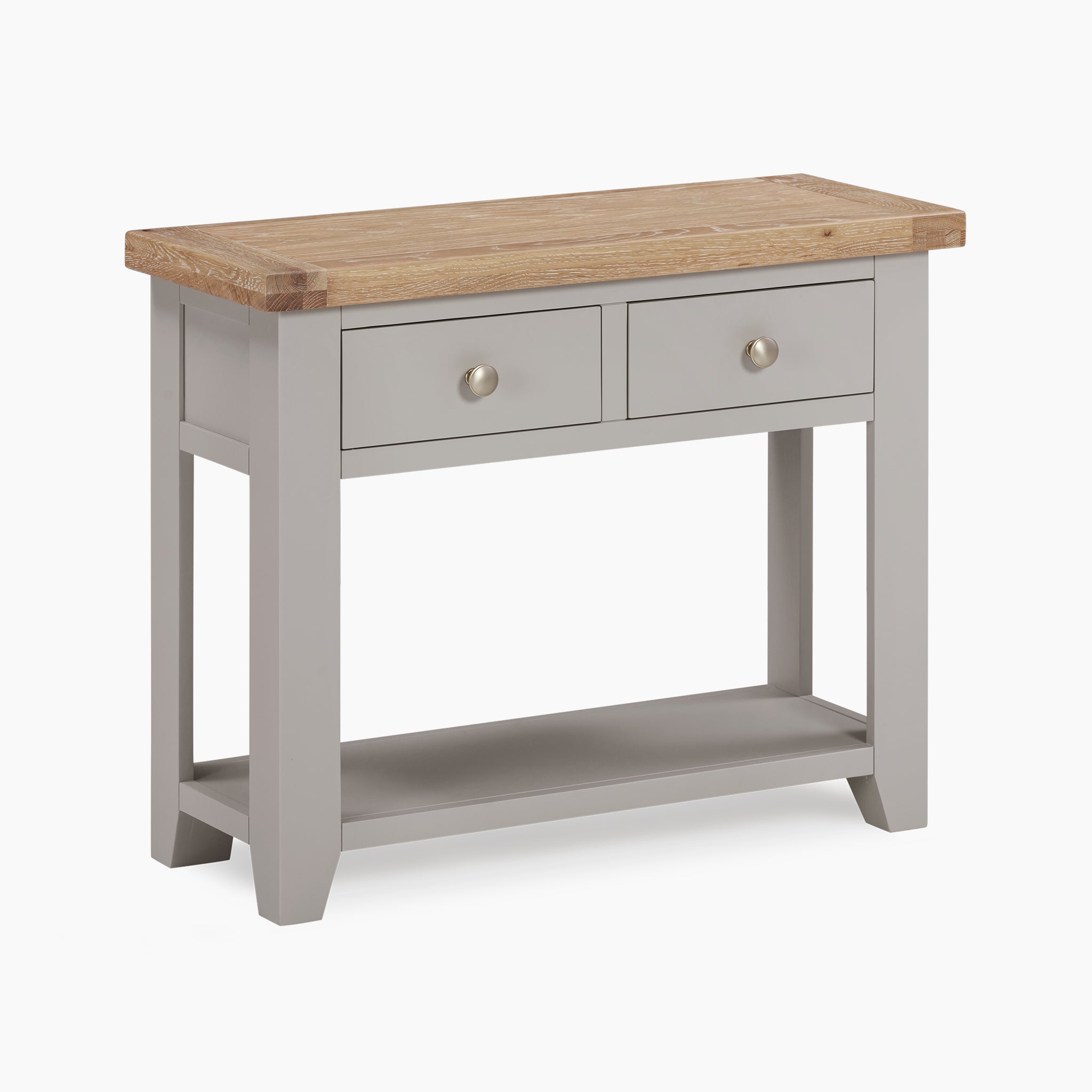 The Burford 2 Drawers Console Table in pebble grey showcases a natural oak top, two drawers with knobs, and a lower shelf.