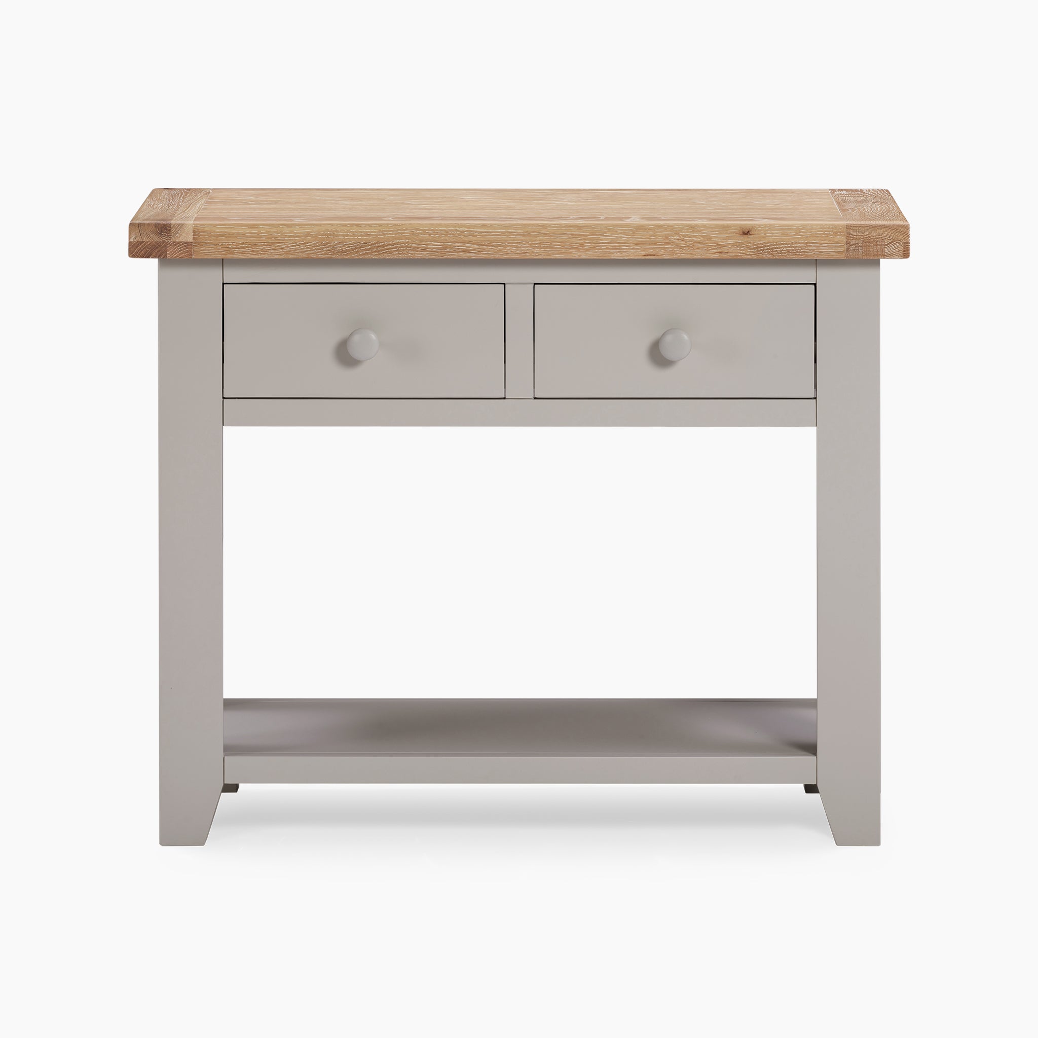 The Burford 2 Drawers Console Table, available in sophisticated Pebble Grey, showcases two roomy drawers and a tabletop made of natural oak.