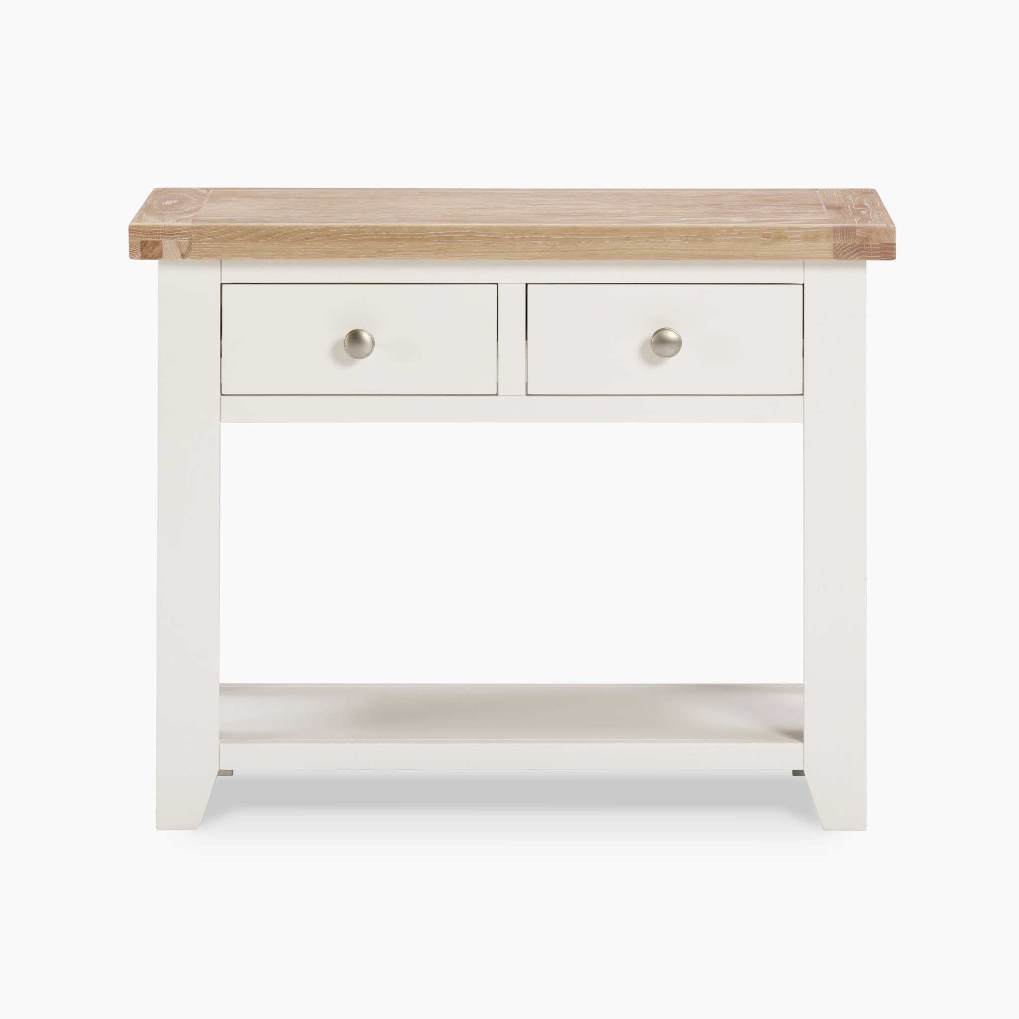 The Burford 2 Drawers Console Table in Warm White showcases a natural oak top and a warm white finished frame, enhanced by two drawers featuring round knobs.