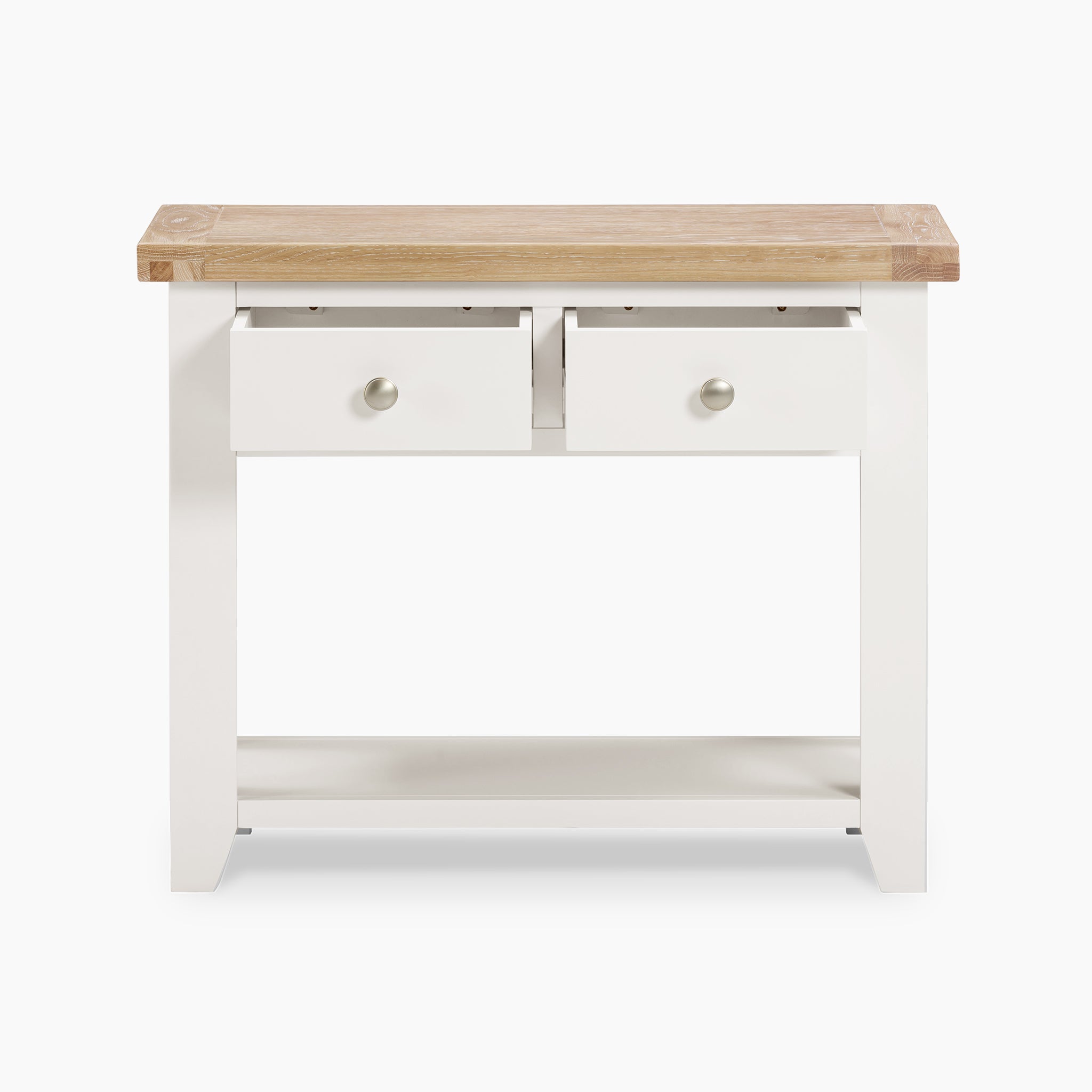 The Burford 2 Drawers Console Table in Warm White is characterized by a natural oak top and two spacious drawers.