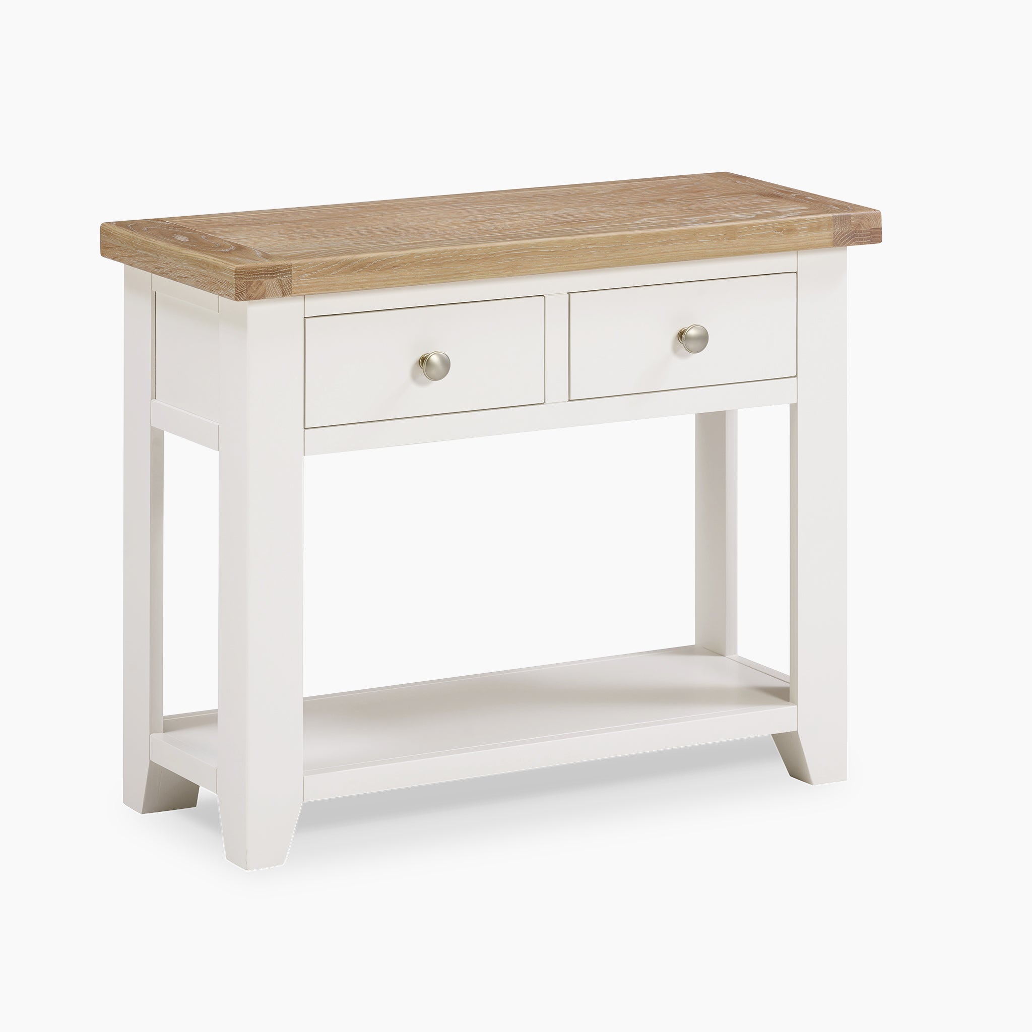 The Burford 2 Drawers Console Table in Warm White showcases a natural oak top and a lower shelf, complemented by two drawers.