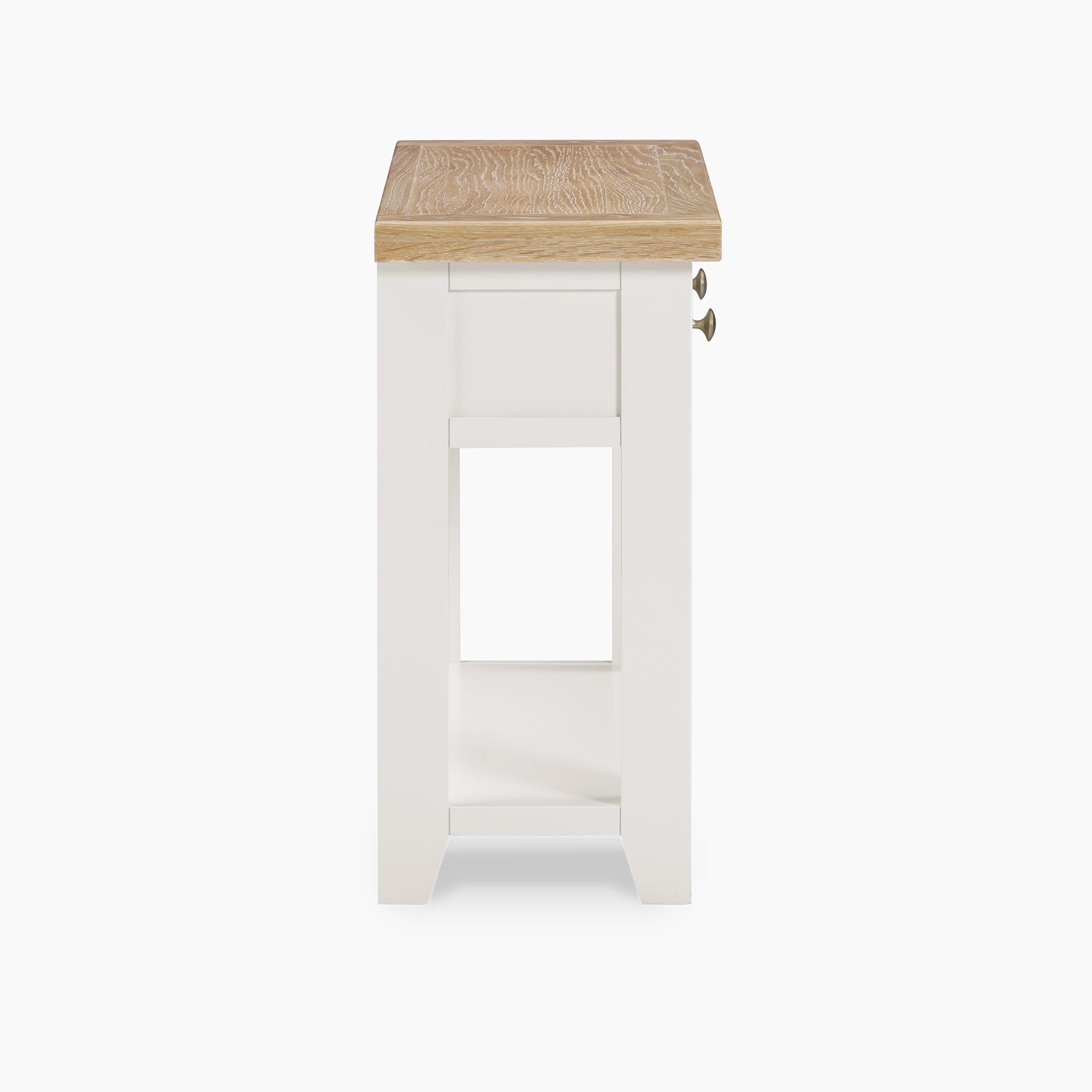 The Burford 2 Drawers Console Table in Warm White offers a charming side view with its natural oak top, and includes two compact drawers for added functionality.