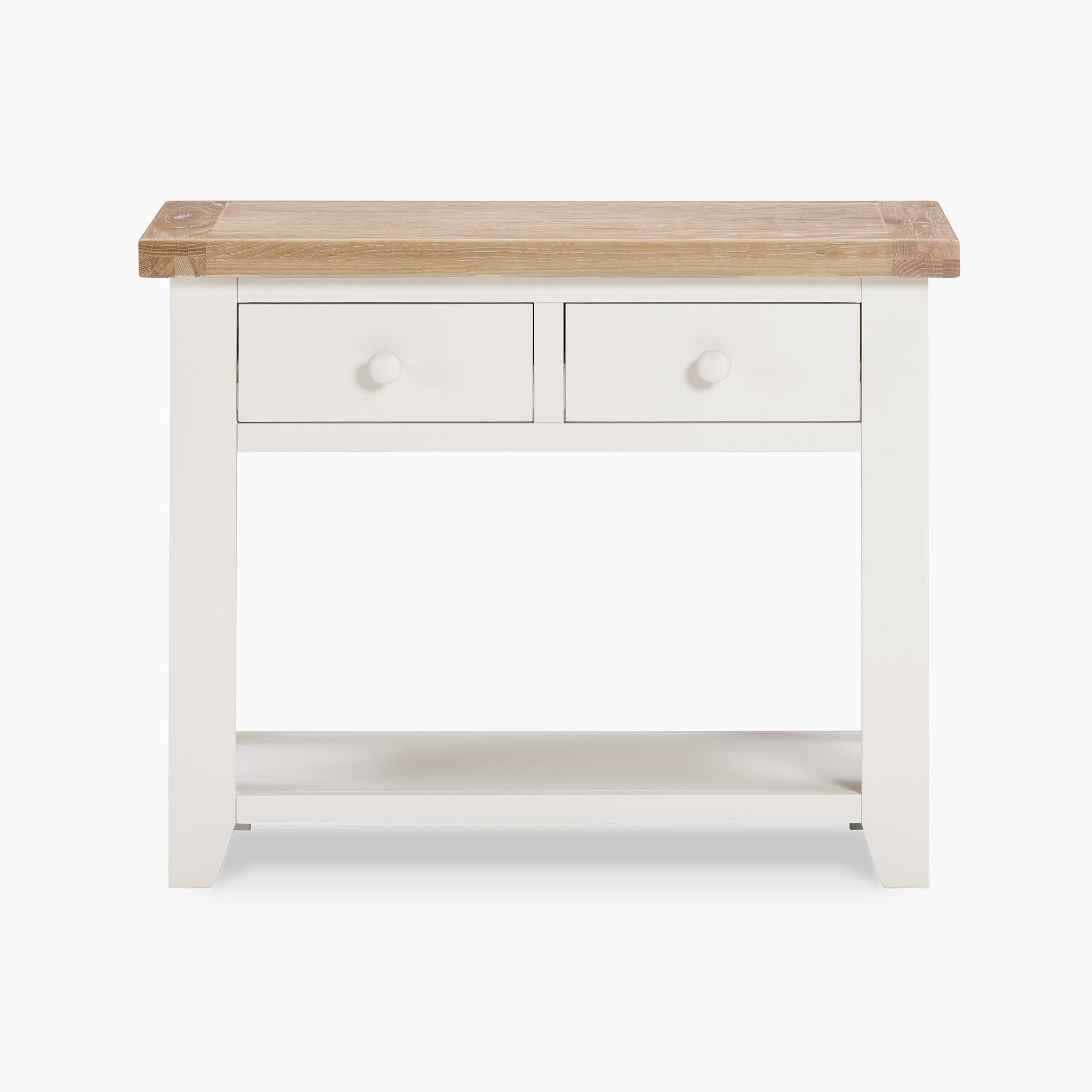 The Burford 2 Drawers Console Table in Warm White showcases a natural oak top, offering an inviting and stylish touch to any room.