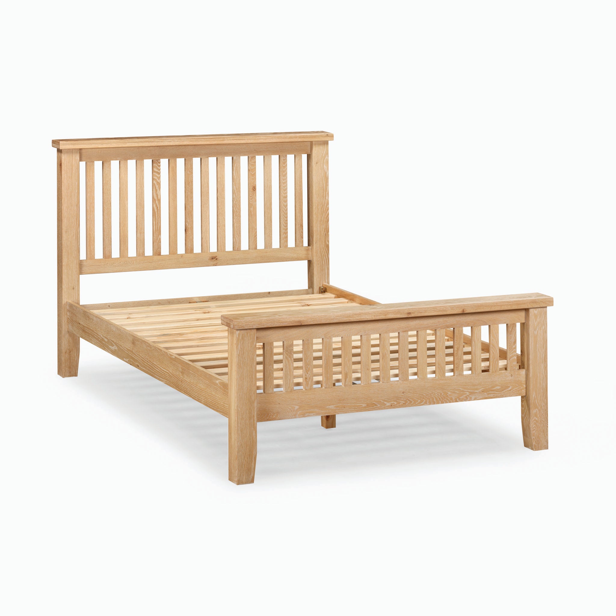 Burford 4ft 6" High-End Double Bed Frame in natural oak features vertical slats on both the headboard and footboard. The sturdy legs enhance its durability, making it a must-have for any contemporary bedroom furniture collection.